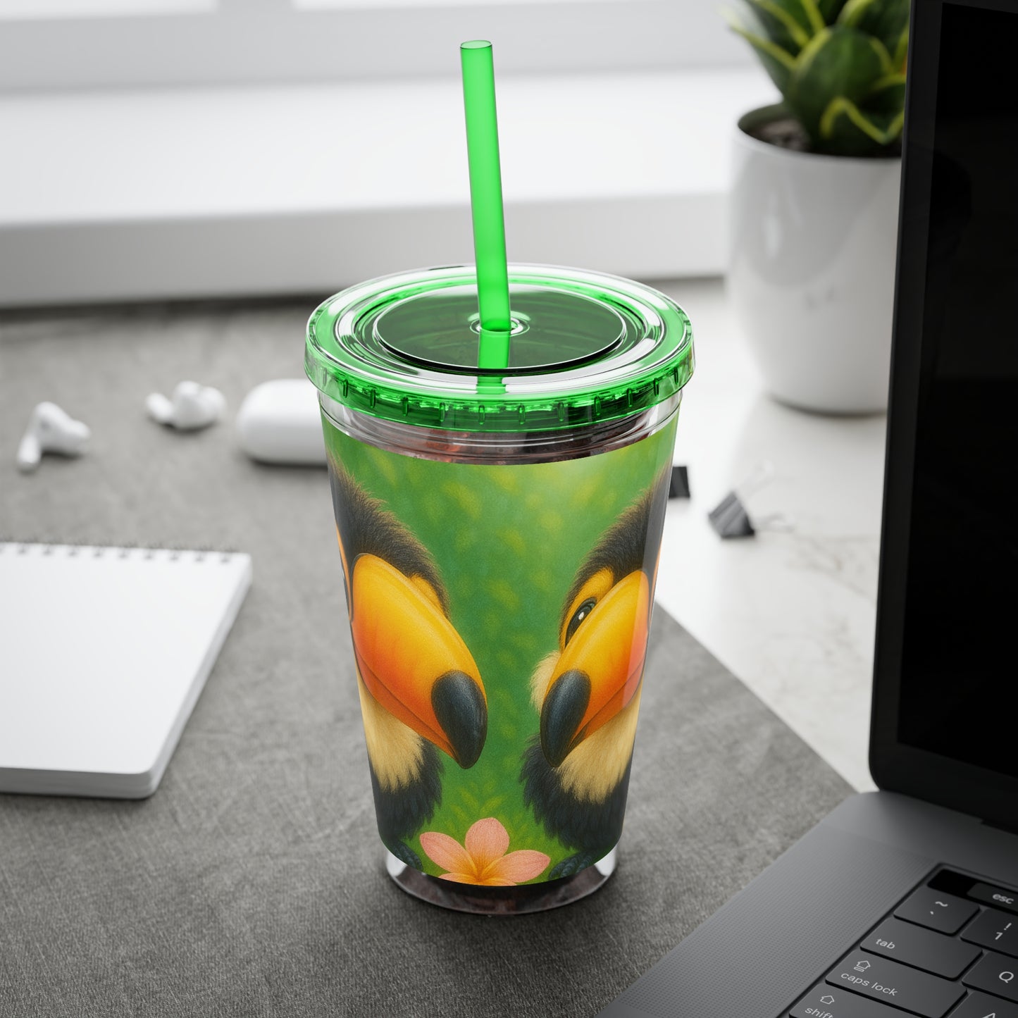 Tropical Tumbler with Straw | 16oz Colorful Travel Cup / Baby Toucans