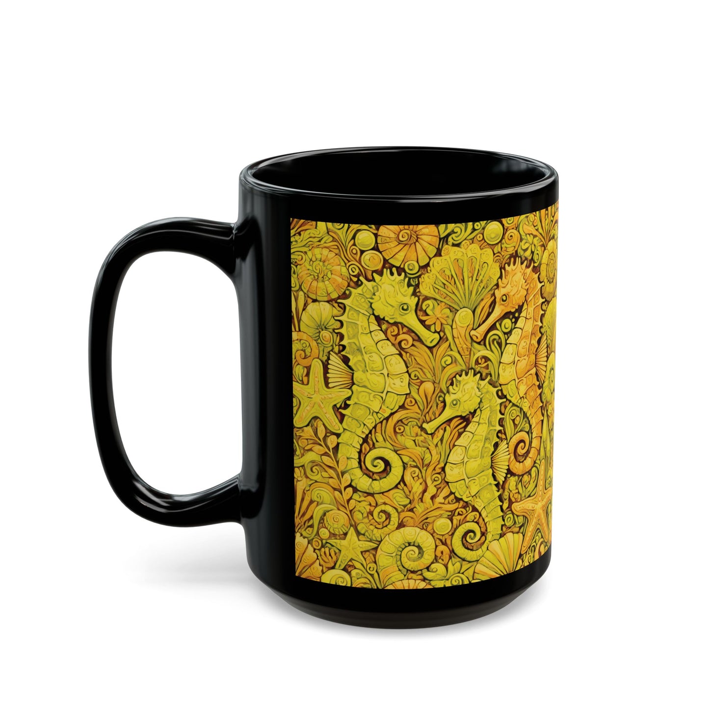 Black Coffee Mug - Seahorse Fantasy, Yellow