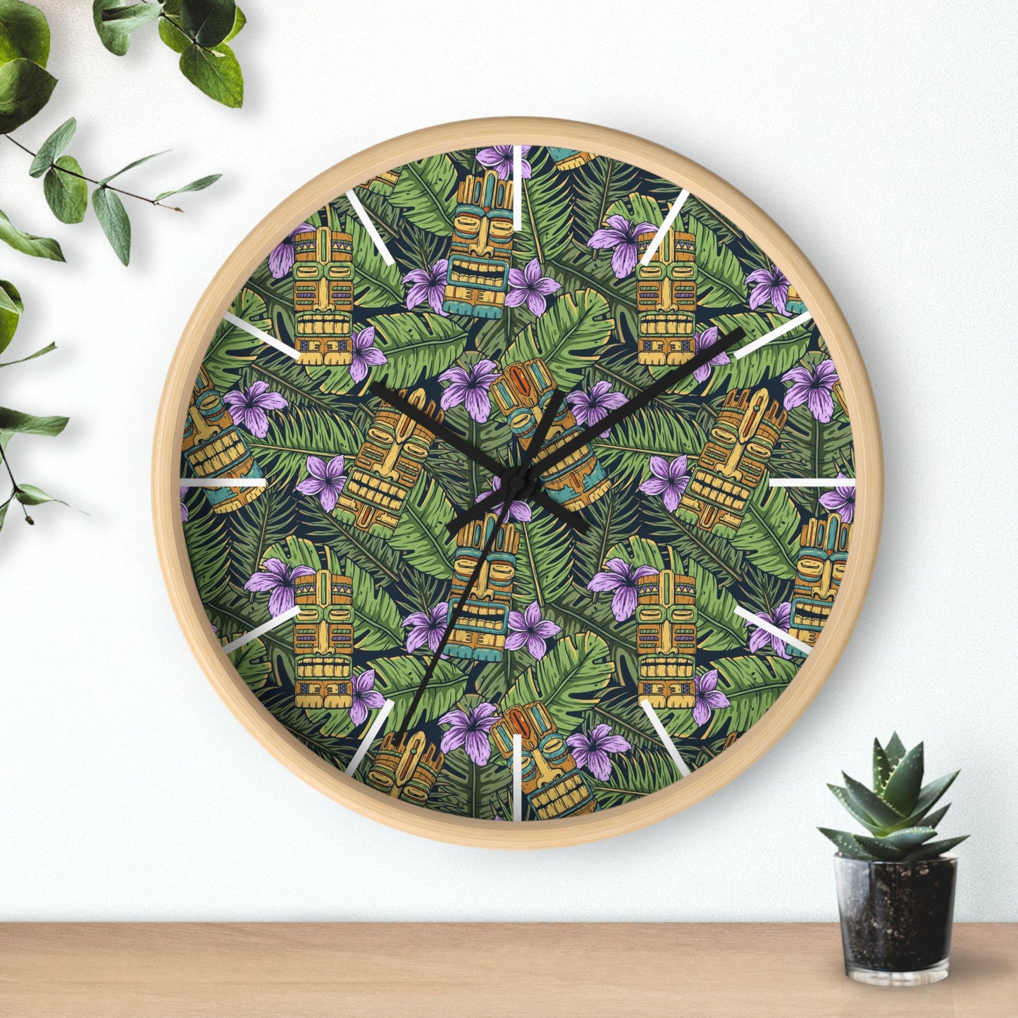 Wall Clock - Tiki Greenery, White Hour Marks