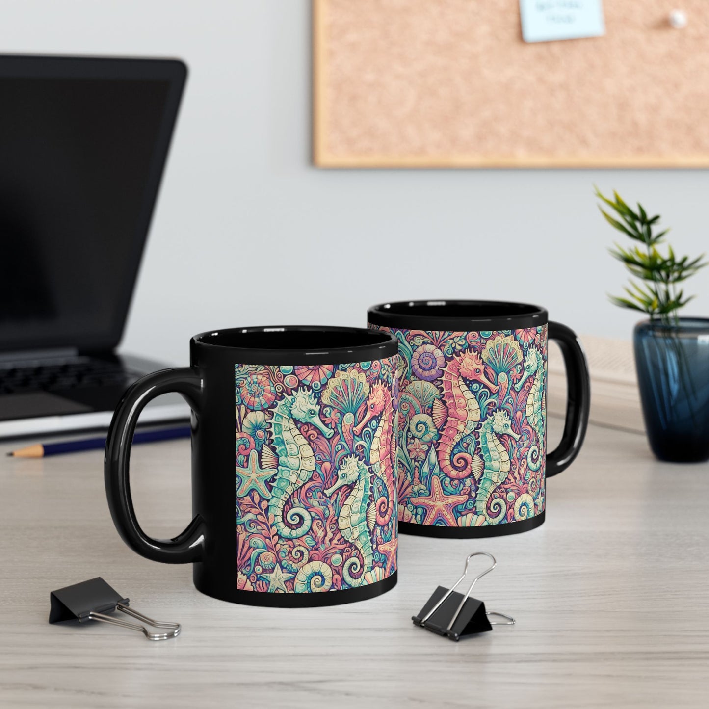 Black Coffee Mug - Seahorse Trio, Retro