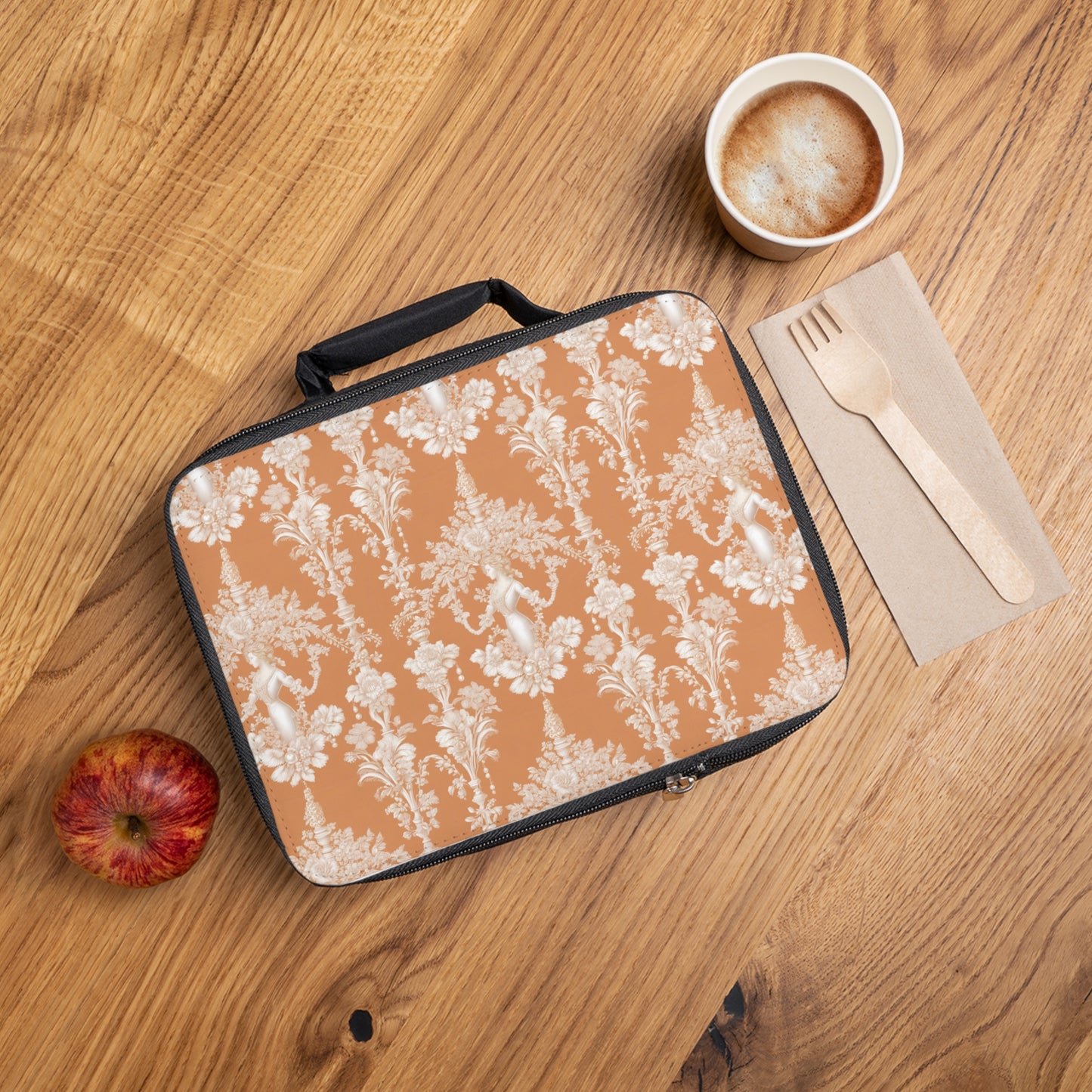 Pearl Lady Toile/Melon Lunch Bag - Eco-Friendly Insulated Tote, Adult and Child Lunchbox / Perfect for Picnics, Beach Outings