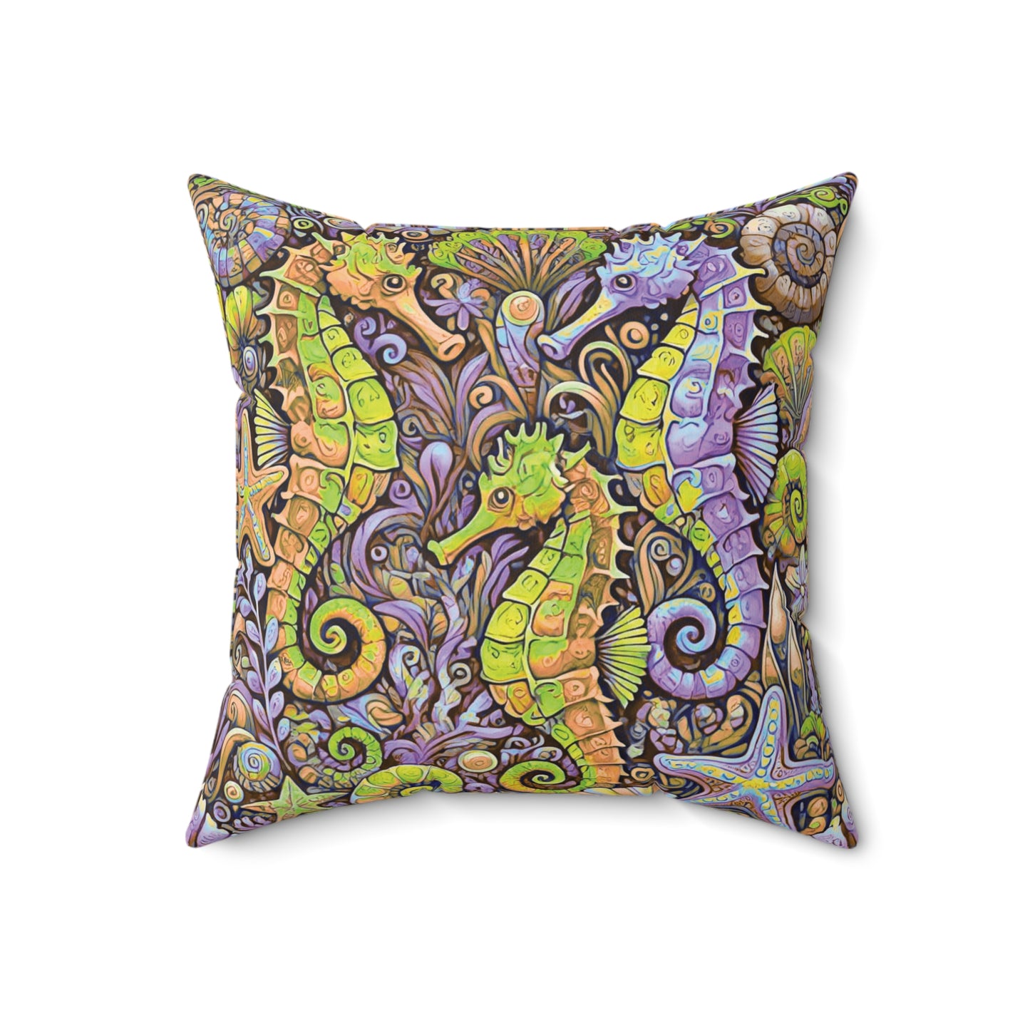 Decorative Pillow - Accent Cushion, 4 Sizes / Seahorse Trio, Yellow and Purple