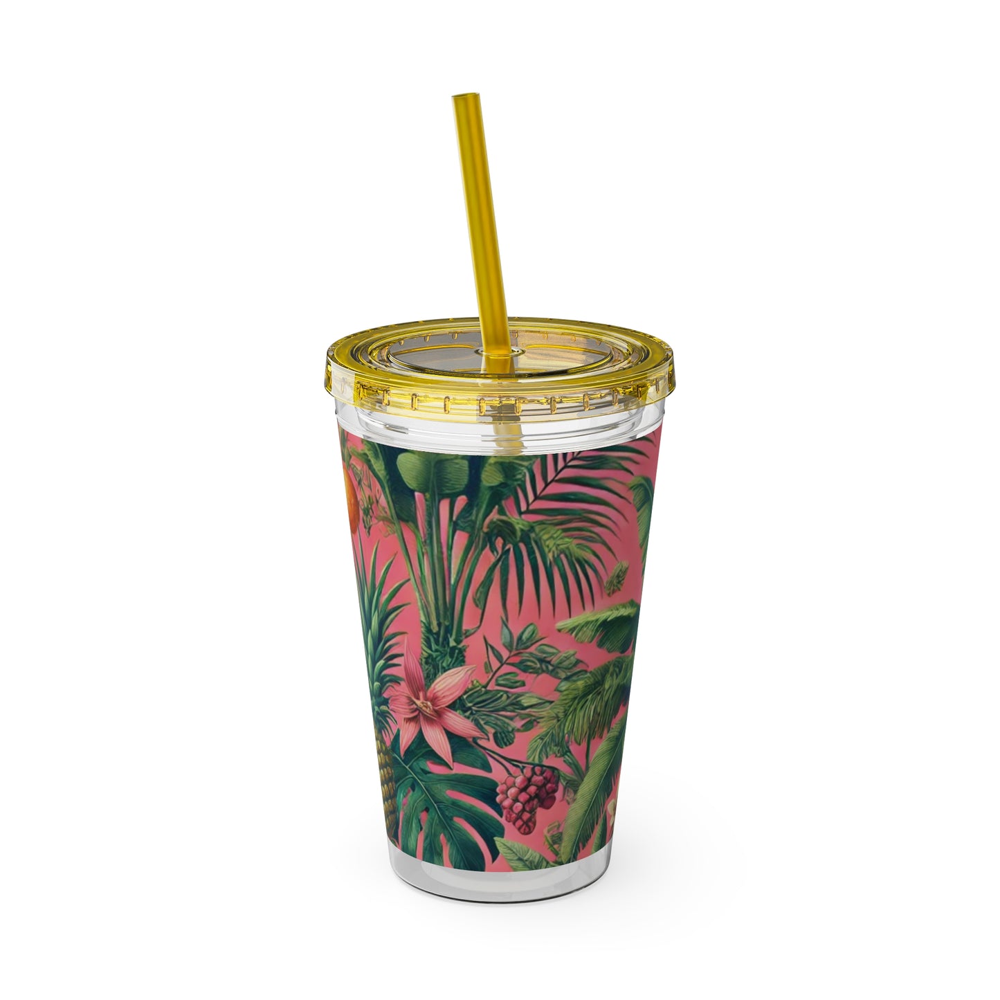 Tropical Tumbler with Straw | 16oz Colorful Travel Cup / More Tropical Fruit, Coral