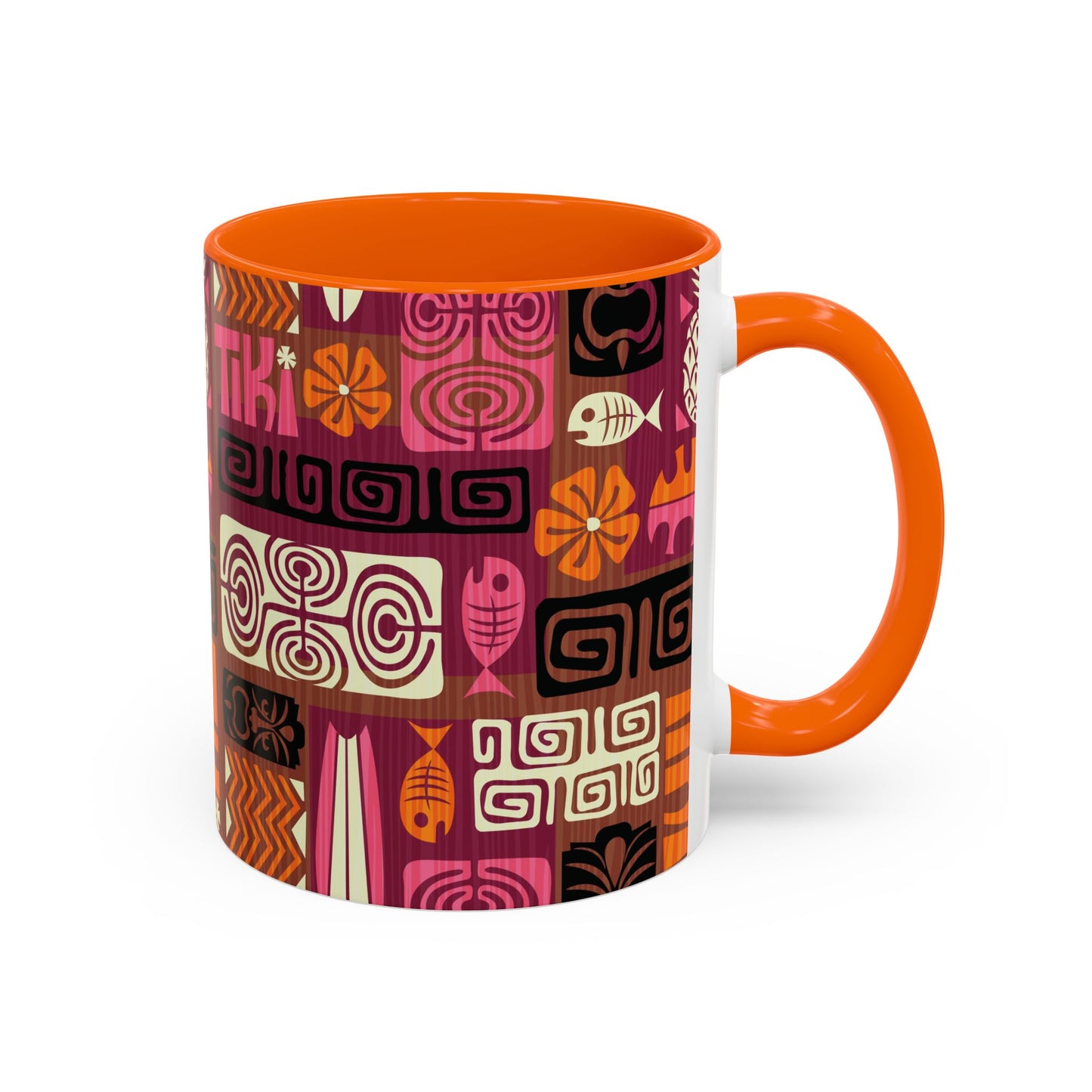 Accent Coffee Mug (11, 15oz), 8 Colors - Tiki Poster Pink/Orange