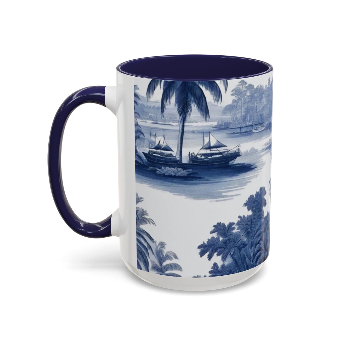 Accent Coffee Mug (11, 15oz), 8 Colors - Tropical Toile Blue/White