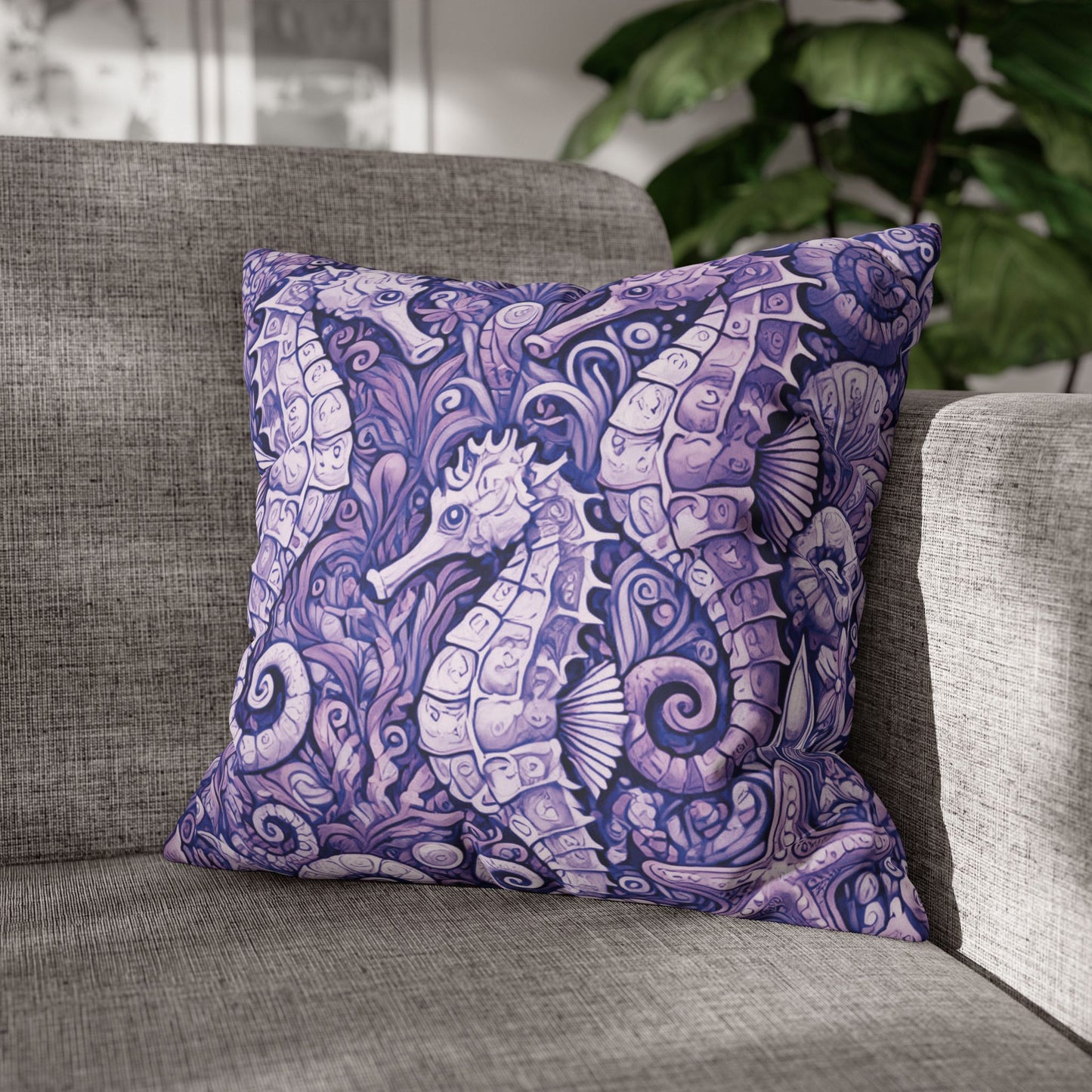 Faux Suede Square Pillowcase - Seahorse Trio, Amethyst