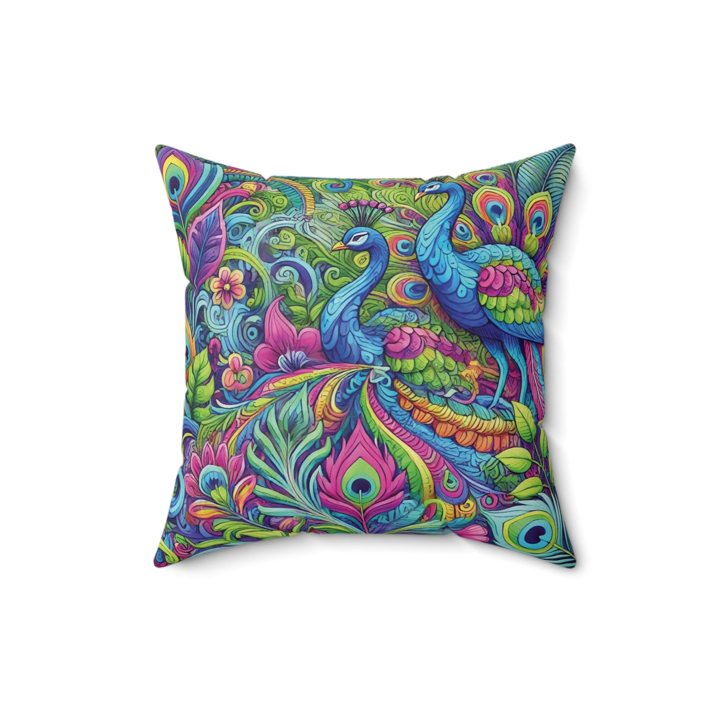 Spun Polyester Square Pillow - Rainforest Peacocks Pop