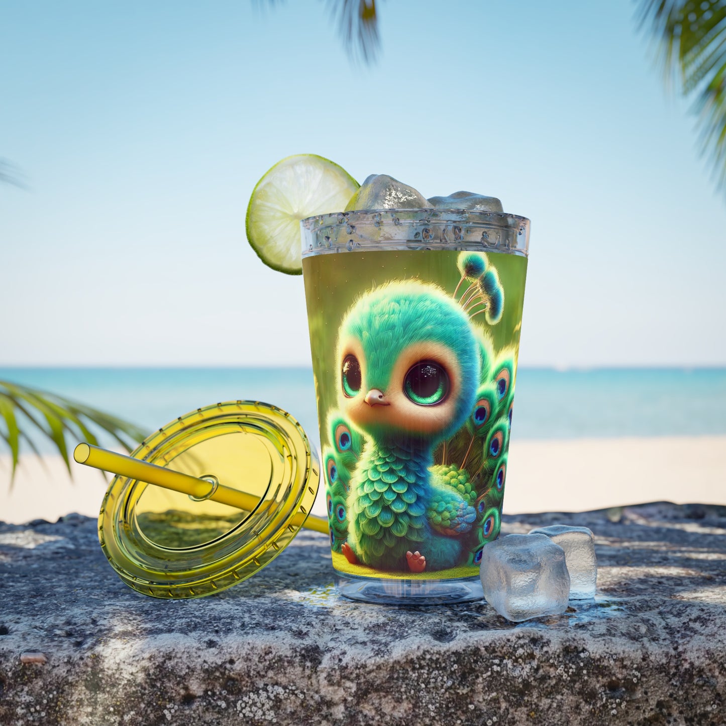 Tropical Tumbler with Straw | 16oz Colorful Travel Cup / Baby Peacock