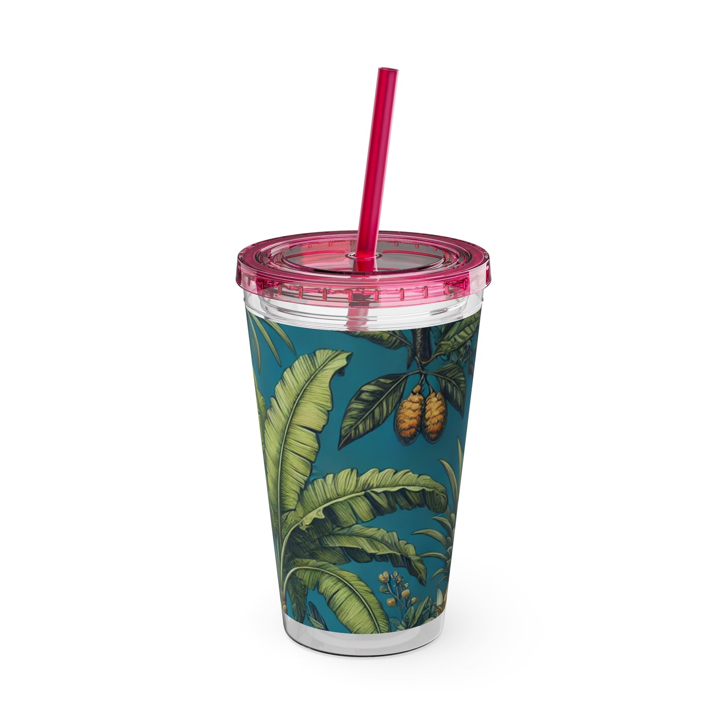 Tropical Tumbler with Straw | 16oz Colorful Travel Cup / Tropical Fruit Blue