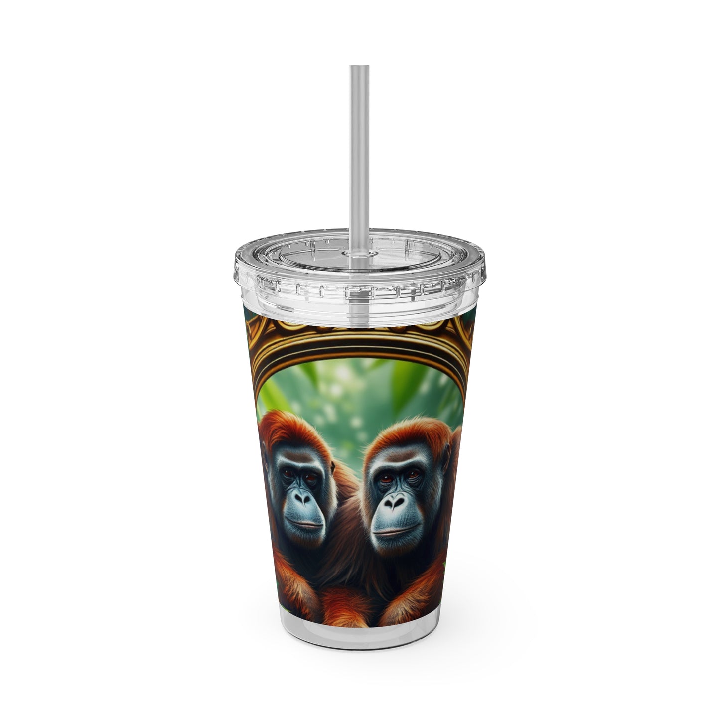 Tropical Tumbler with Straw | 16oz Colorful Travel Cup / Framed Orangutan Apes