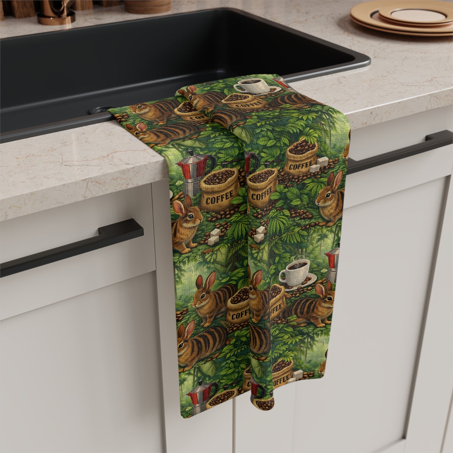 Tropical Microfiber Coffee/Tea Towel – Sumatran Rainforest Rabbits & Coffee