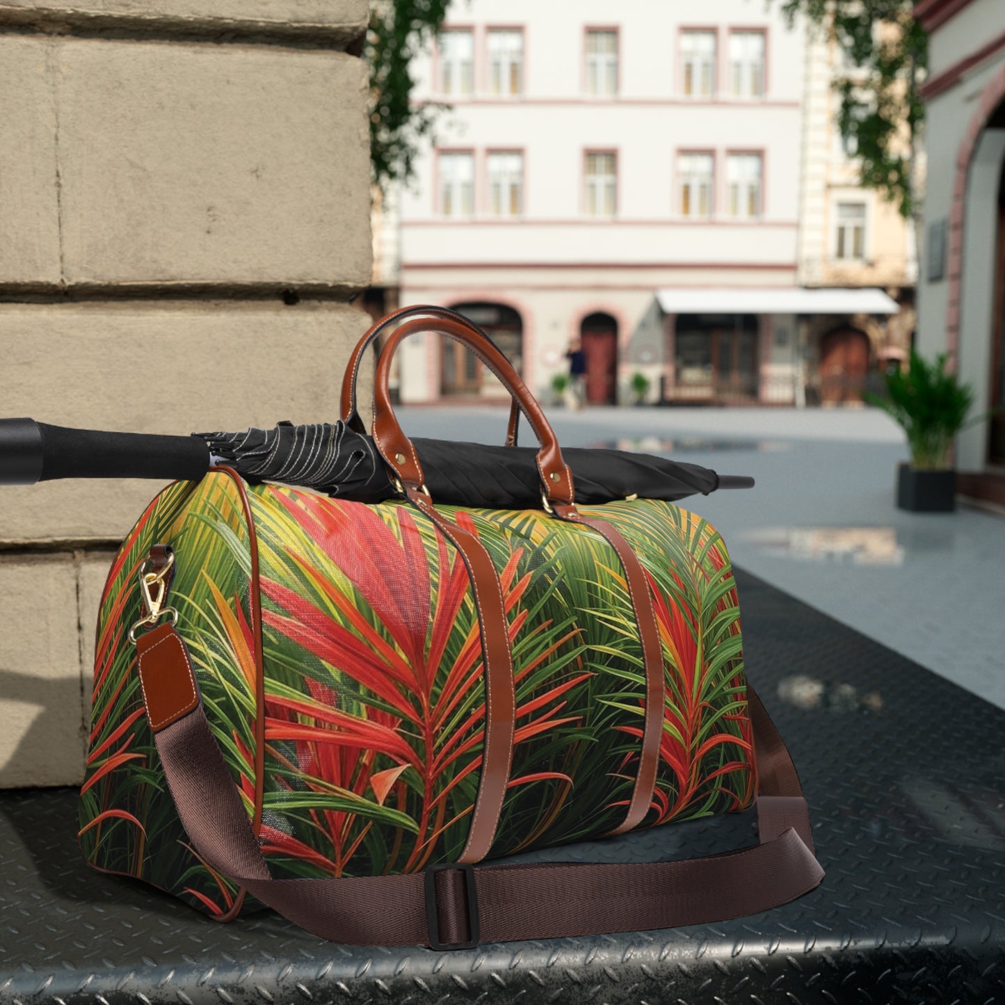 Tropical Waterproof Travel Bag - Perfect for Beach Getaways / Red Flame Palms