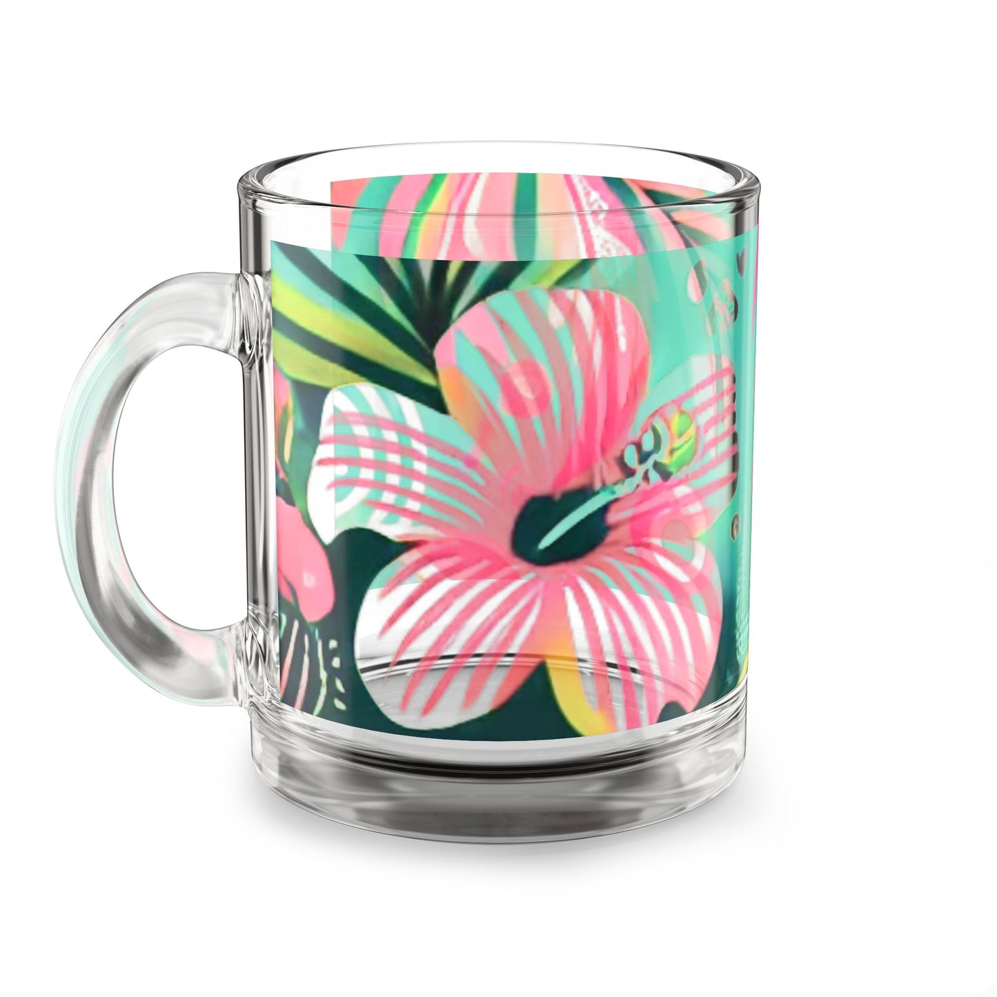 Tropical Glass Mug - 10oz Coffee Cup / Pink Hibiscus