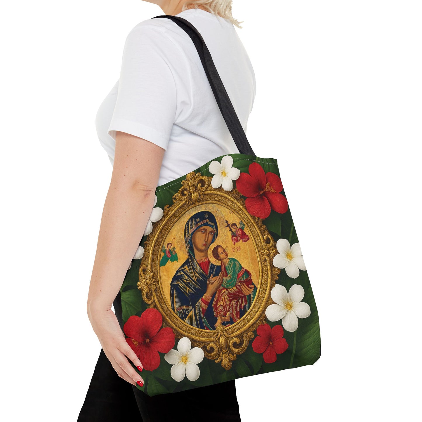Religious Art Polyester Tote Bag, 3 Sizes / Our Lady of Perpetual Help, Red Flowers