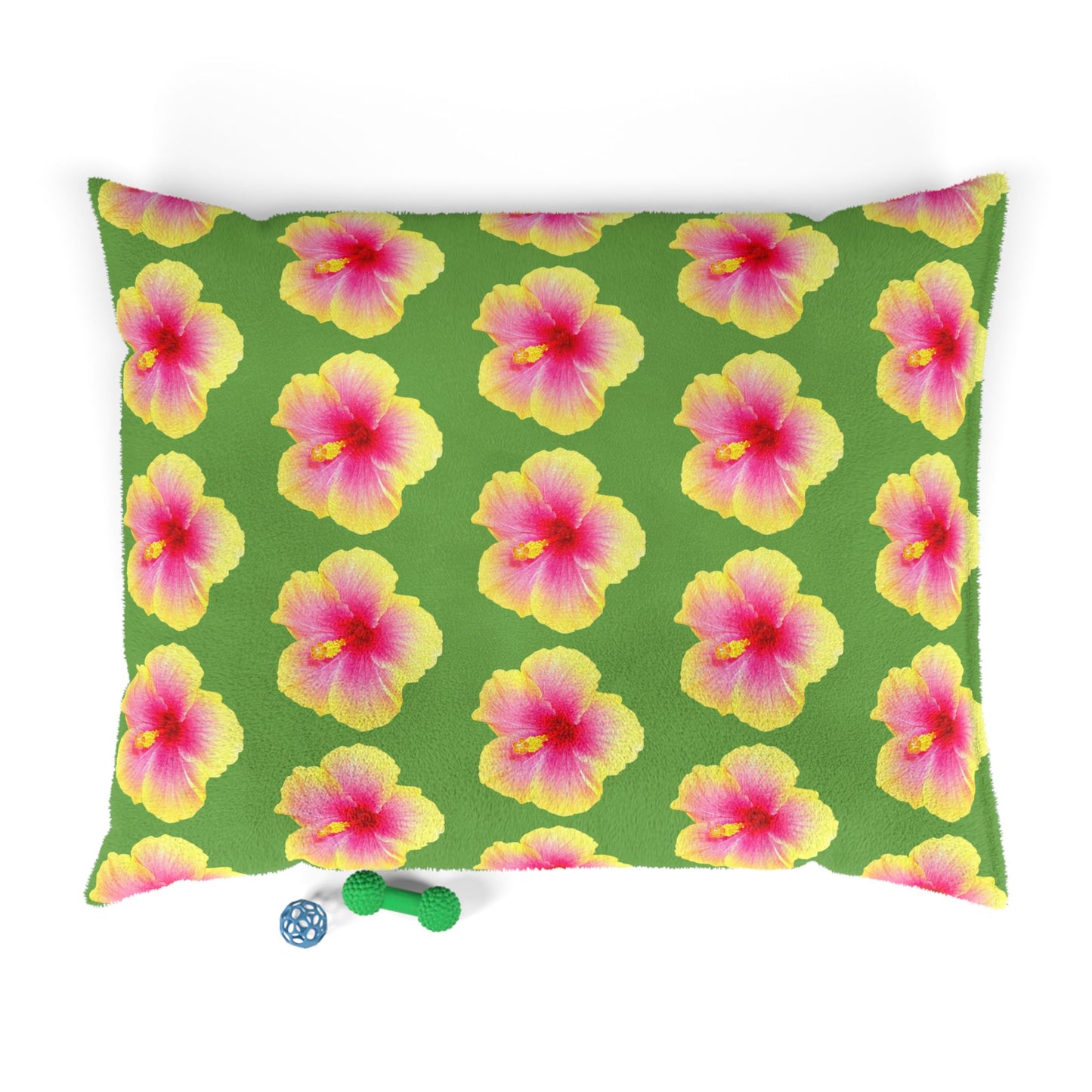 Pet Bed - Cozy and Fun Dog or Cat Bed for Beach Lovers / Real Yellow & Pink Hibiscus/Lt. Green