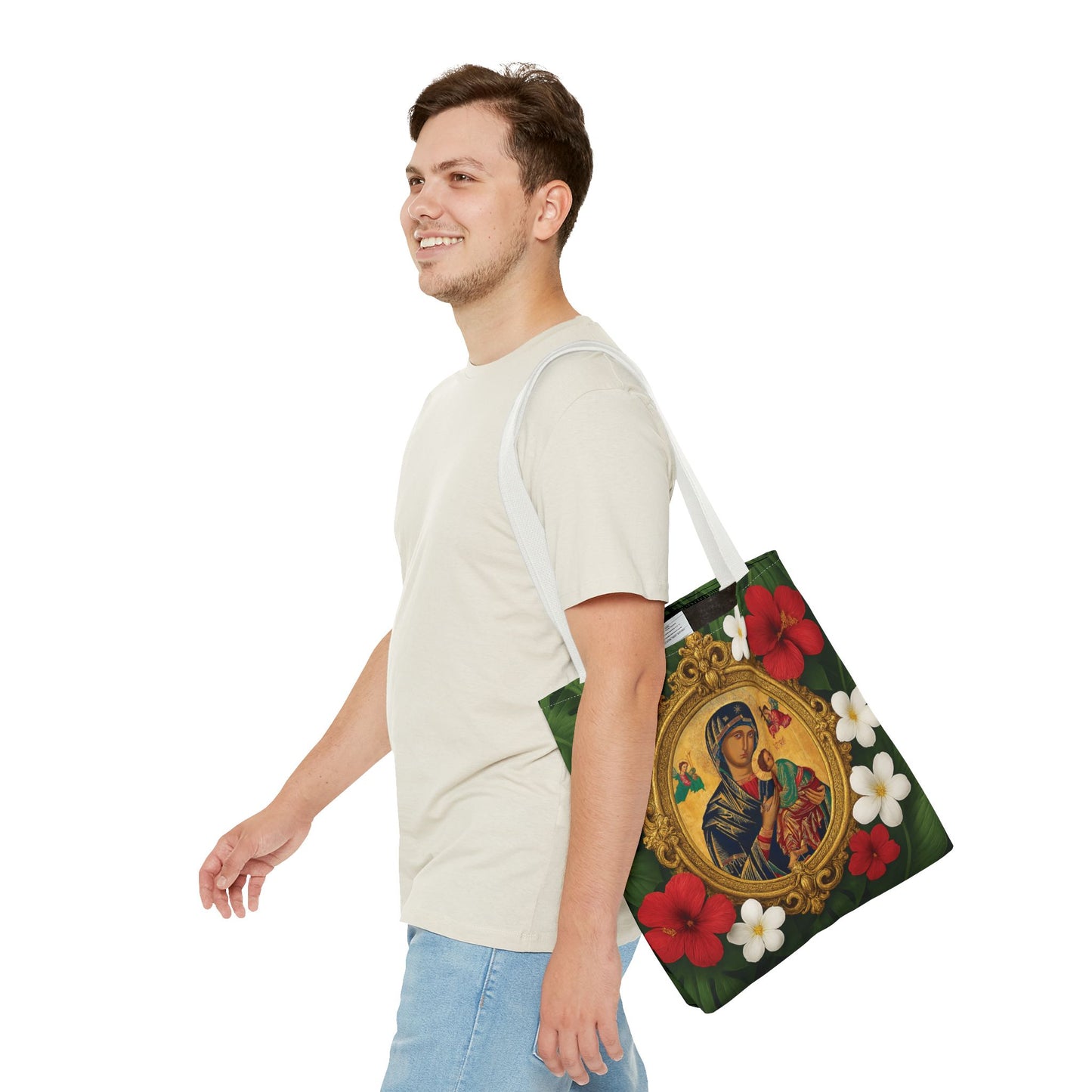 Religious Art Polyester Tote Bag, 3 Sizes / Our Lady of Perpetual Help, Red Flowers