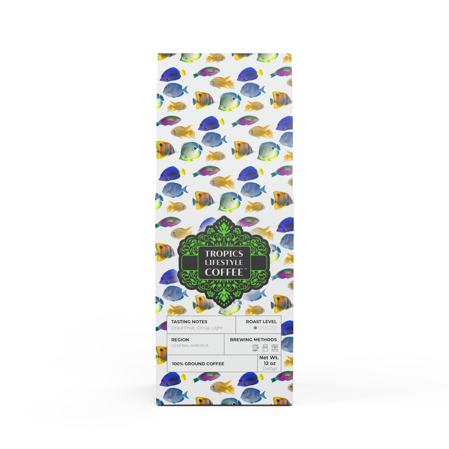 Beach Sunrise Blend™ (Light Roast) Specialty Grade Craft Coffee / School of Fish, White