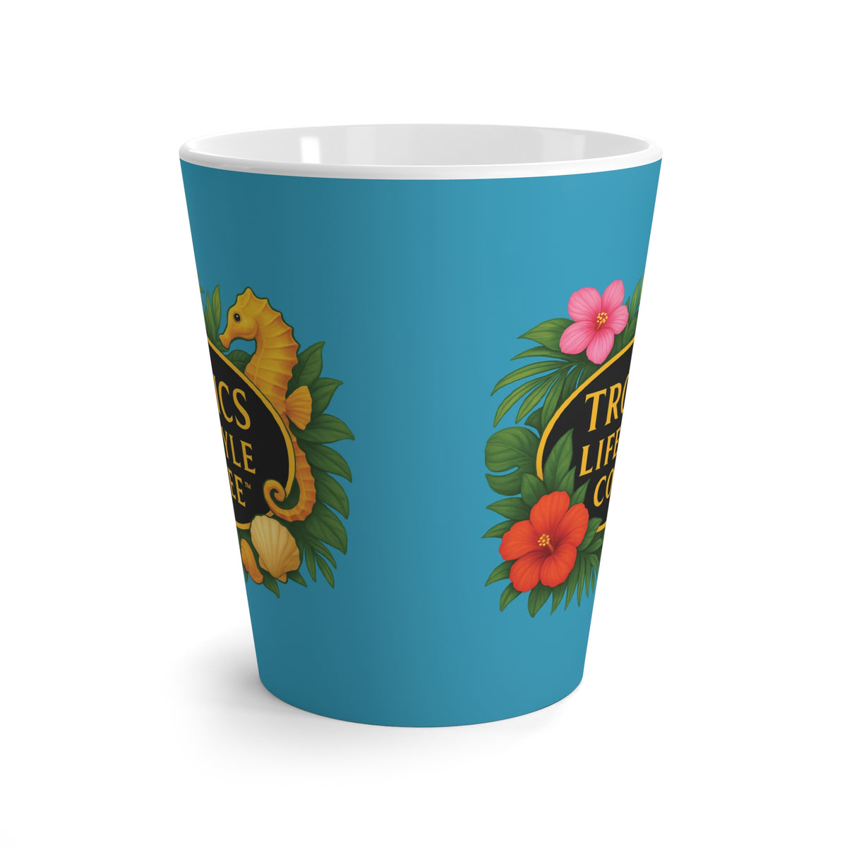 Latte White Mug - Seahorse Fantasy, Turquoise / TLCoffee Logo