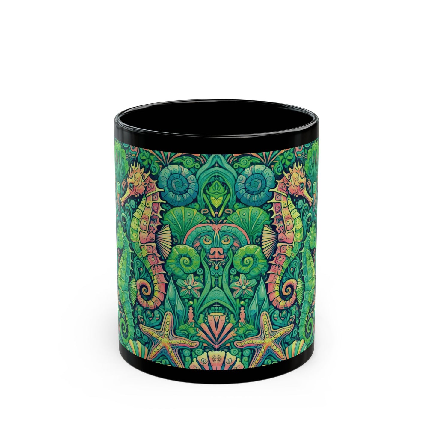 Black Coffee Mug - Seahorse Trio, Lime