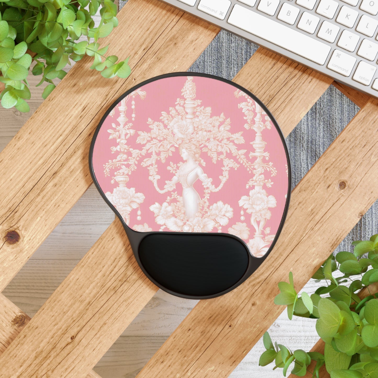 Mouse Pad With Wrist Rest, Pearl Lady Toile, Hibiscus Pink