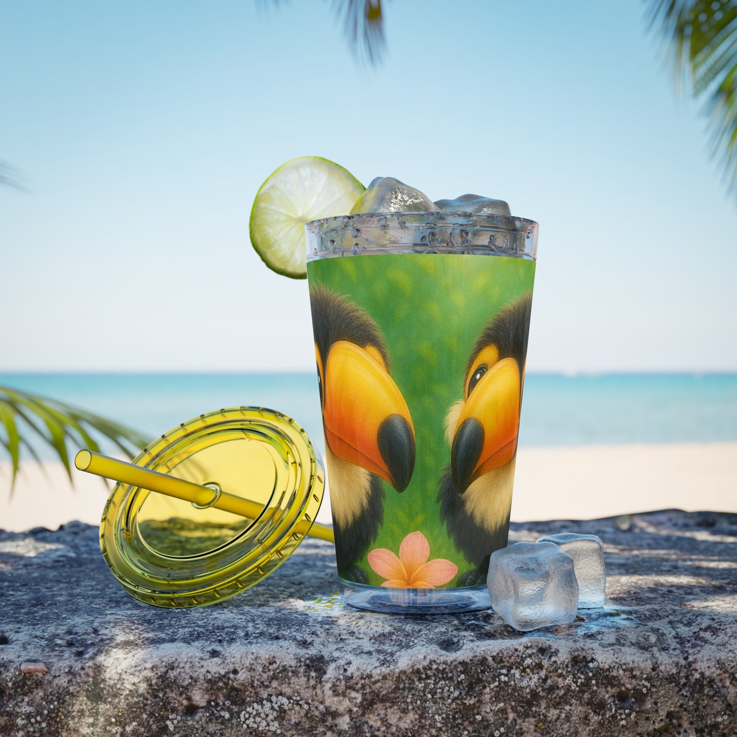 Tropical Tumbler with Straw | 16oz Colorful Travel Cup / Baby Toucans