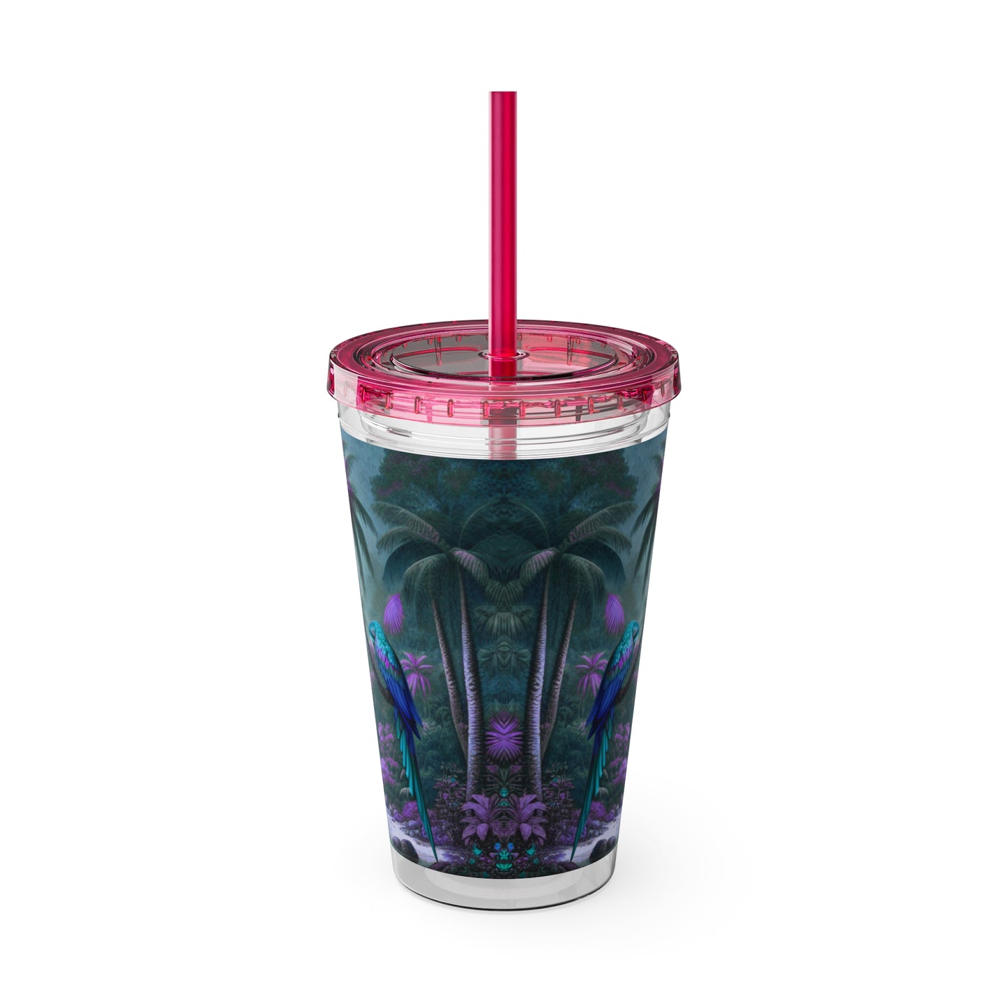 Tropical Tumbler with Straw | 16oz Colorful Travel Cup / Sleeping Parrot/Fantasy
