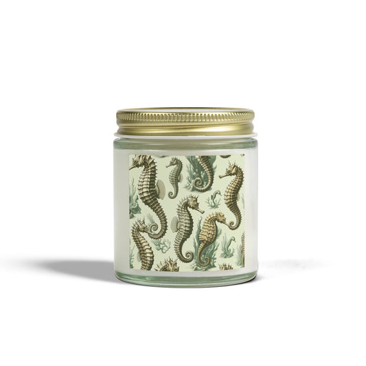 Tropical Green Toile Seahorses Scented Candles - Coconut Apricot Wax (4oz, 9oz)
