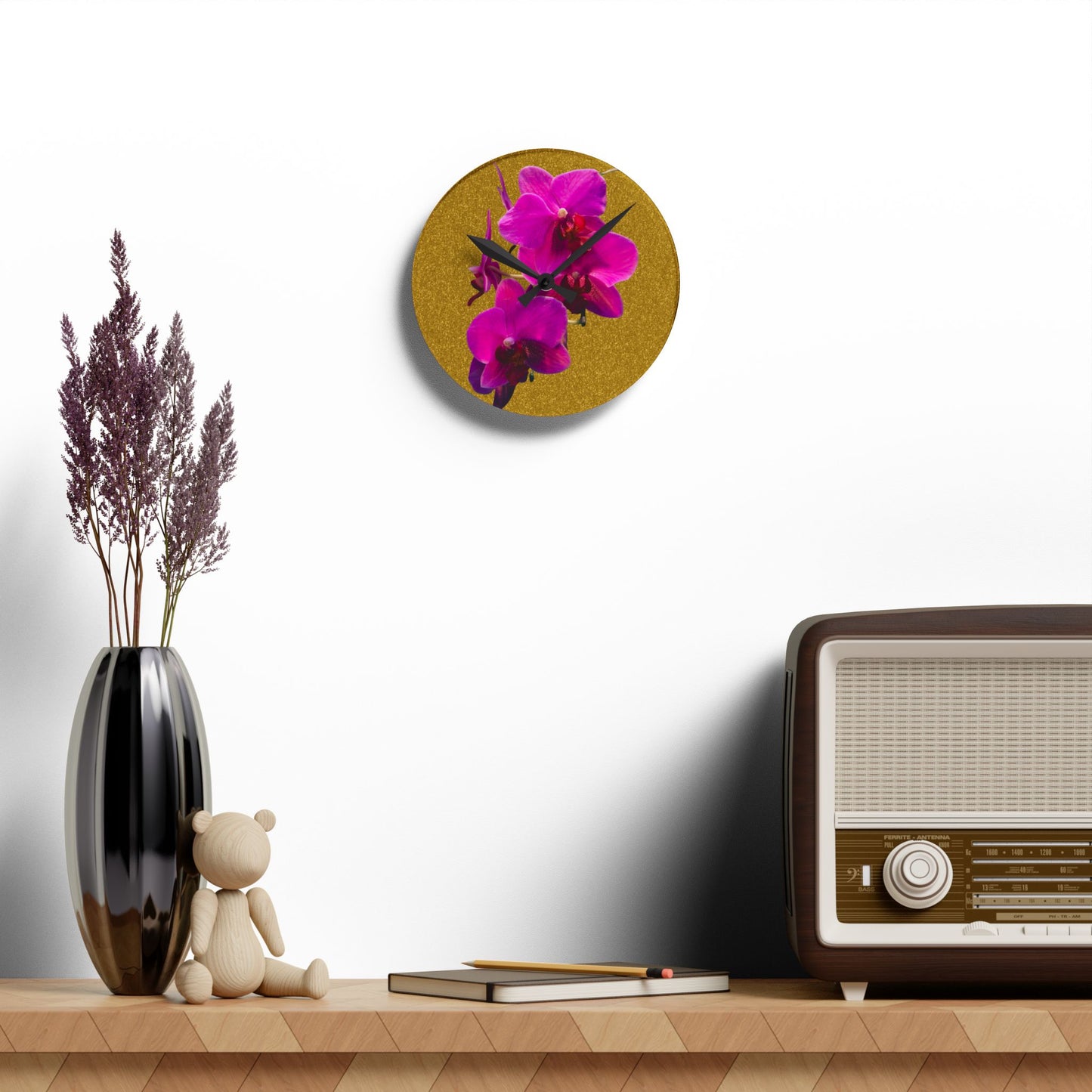 Acrylic Wall Clock - Purple Orchids/Gold, Various Sizes