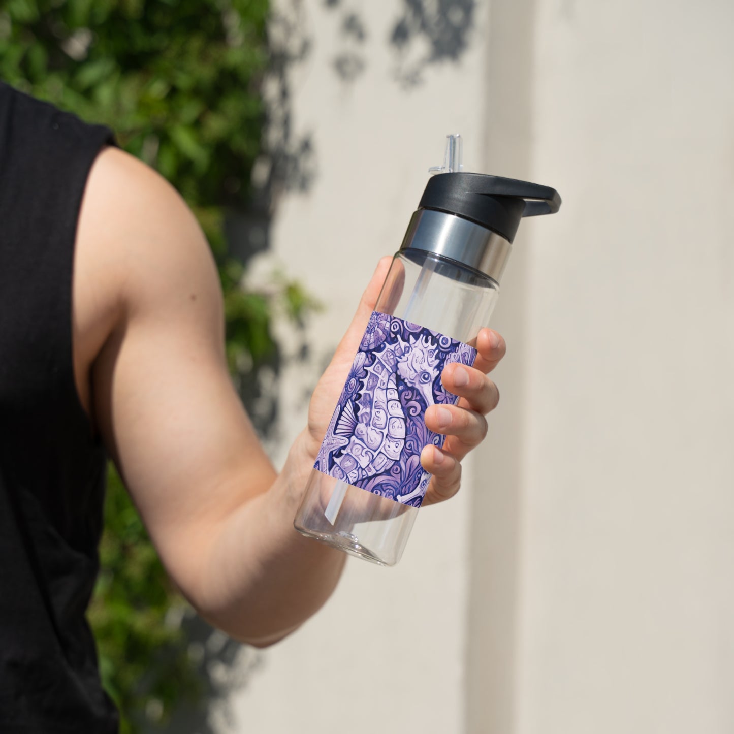 Tropical 20oz Tritan Sport Water Bottle -  Leakproof, Lightweight, BPA-Free / Seahorse Trio, Amethyst Macro