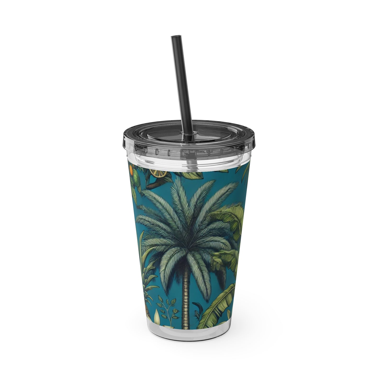 Tropical Tumbler with Straw | 16oz Colorful Travel Cup / Tropical Fruit Blue