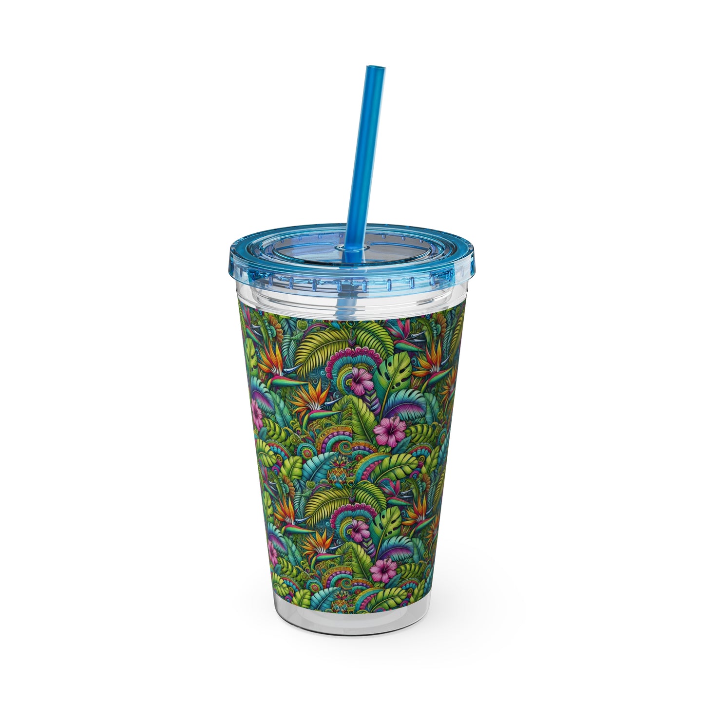 Tropical Tumbler with Straw | 16oz Colorful Travel Cup / Rainforest Blooms