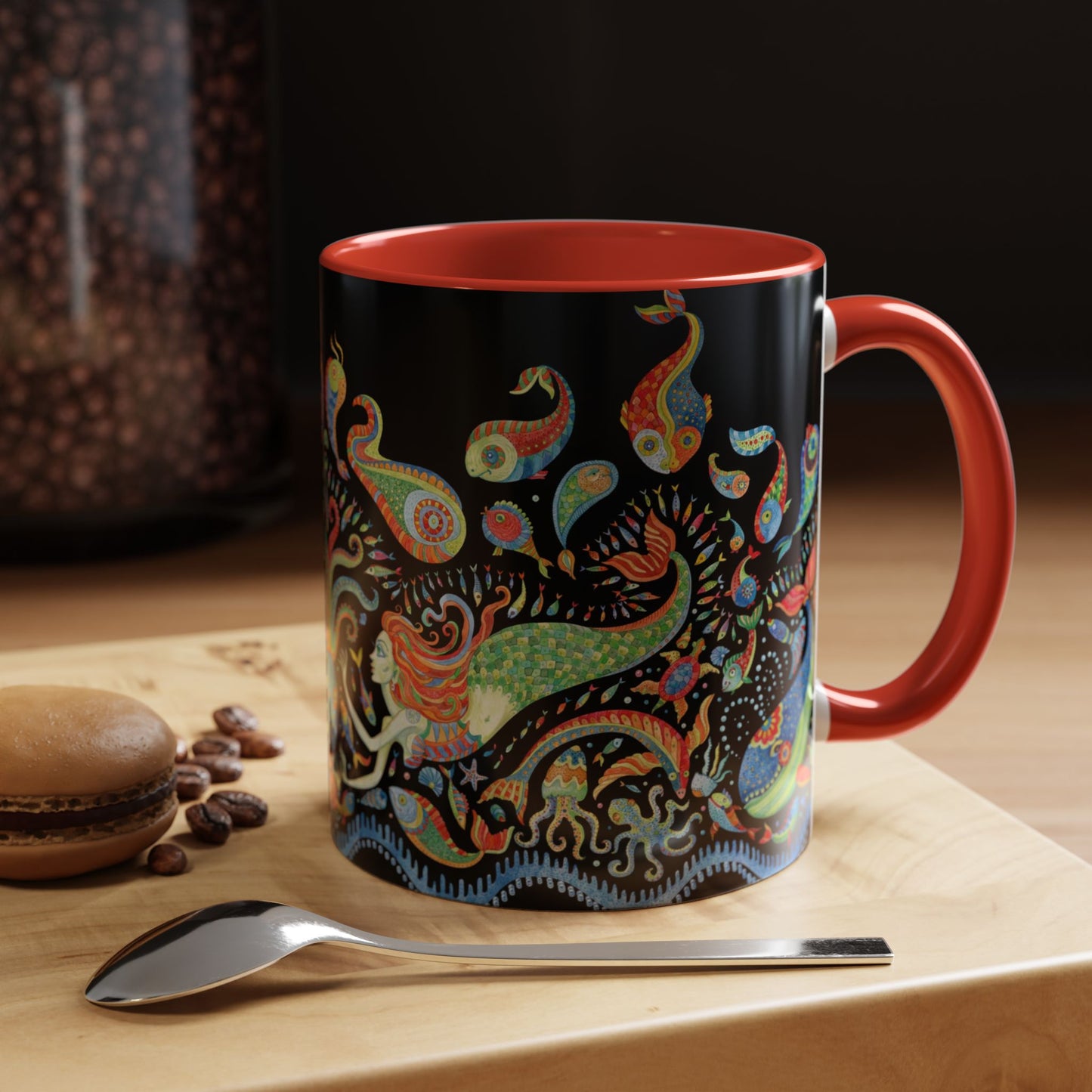 Mermaid Kingdom/Black, Coffee Mug, 8 Colors - Fun Tropical Drinkware for Beach Vibes