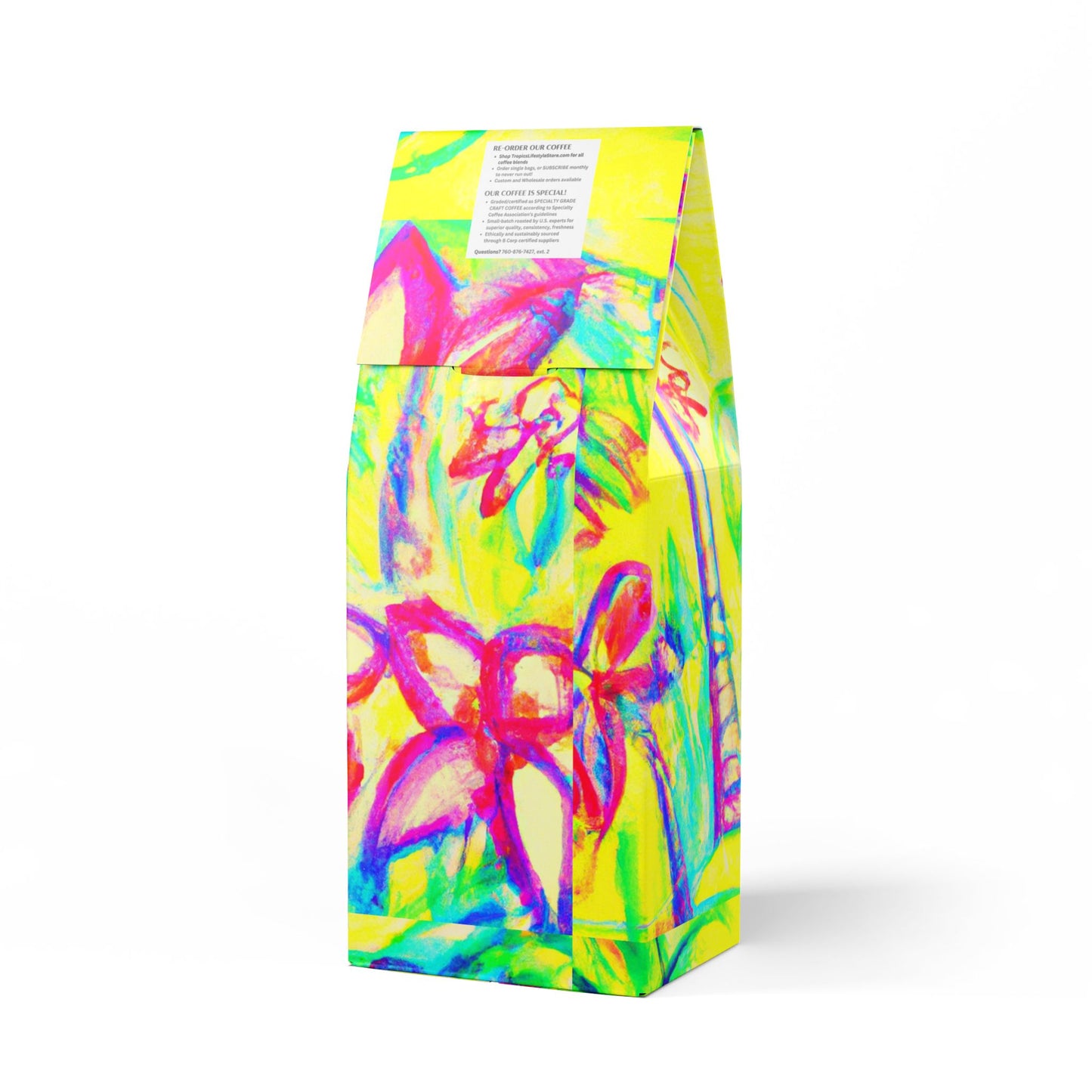 Rainforest Mist™ Single Origin DECAF (Medium Roast) Specialty Grade Coffee / Tropical Doodles, Yellow