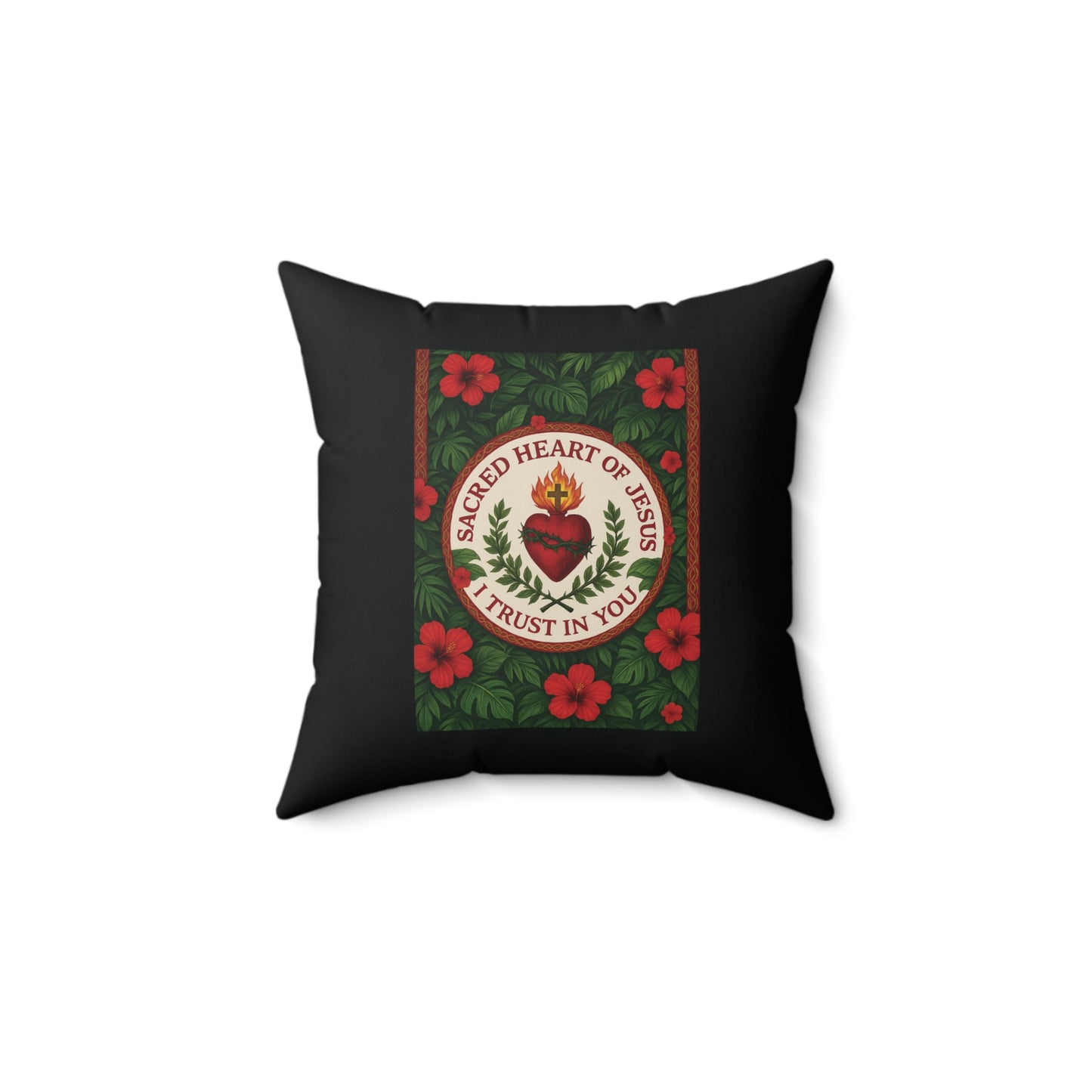 Religious Decorative Pillow - Accent Cushion, 4 Sizes / Sacred Heart of Jesus Prayer, Black