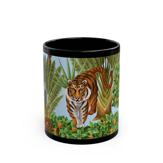 Black Coffee Mug, Tiger Haven Toile, Blue