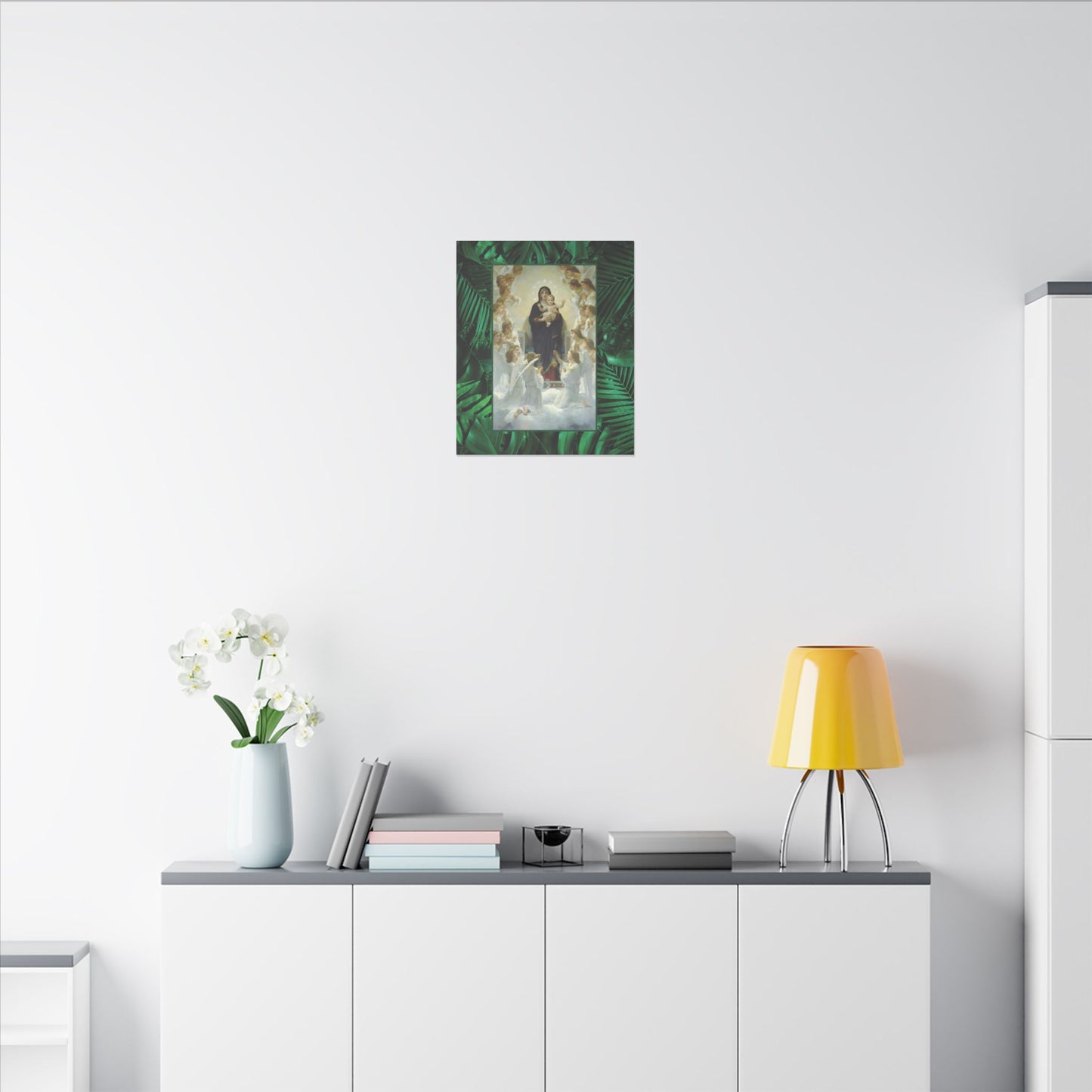 "Tropical Rainforest Our Lady With Angels" Religious Canvas Artwork - Stretched Canvas Print / Virgin Mary & Jesus