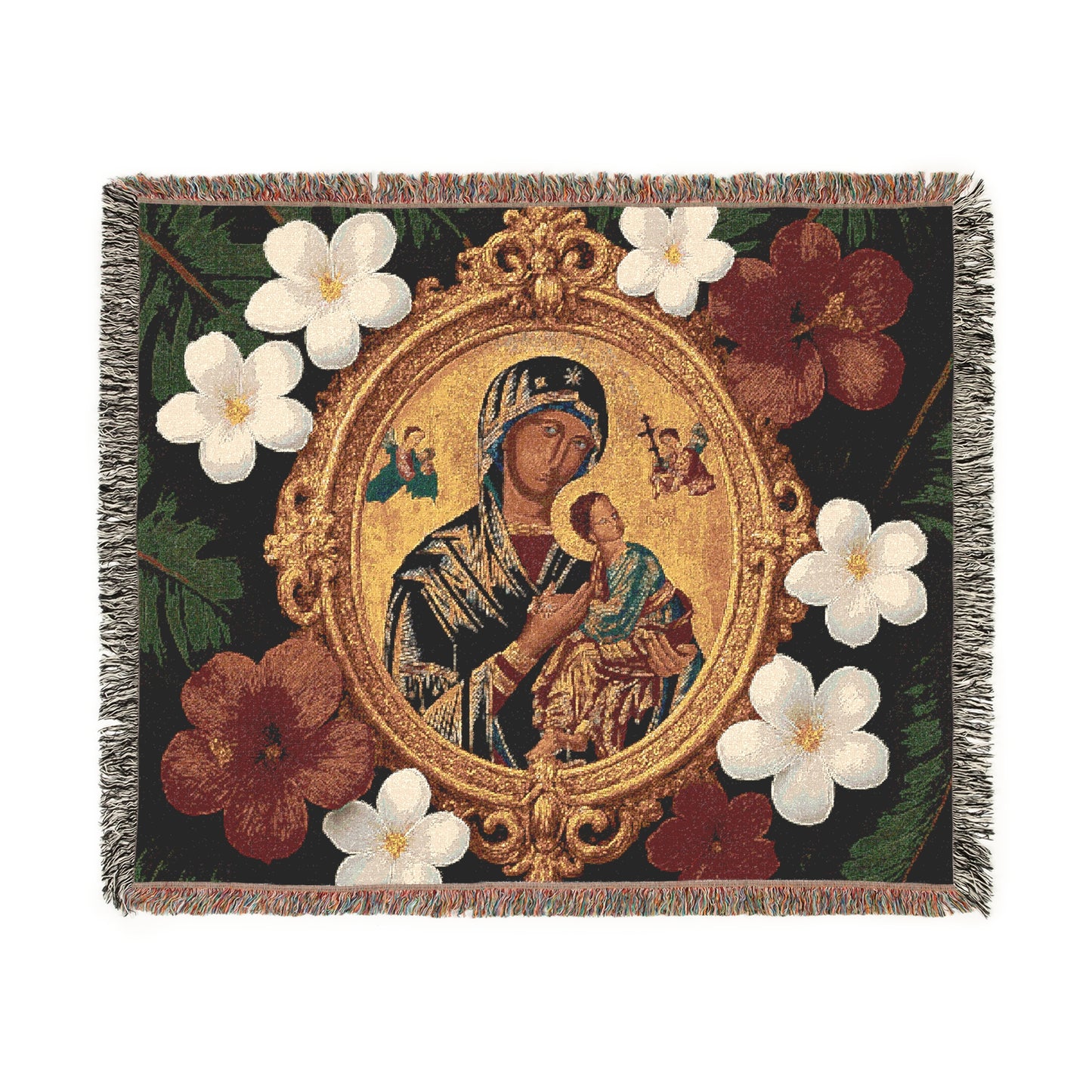 Religious Woven Blanket - 52" x 37" - Our Lady of Perpetual Help/Red Floral
