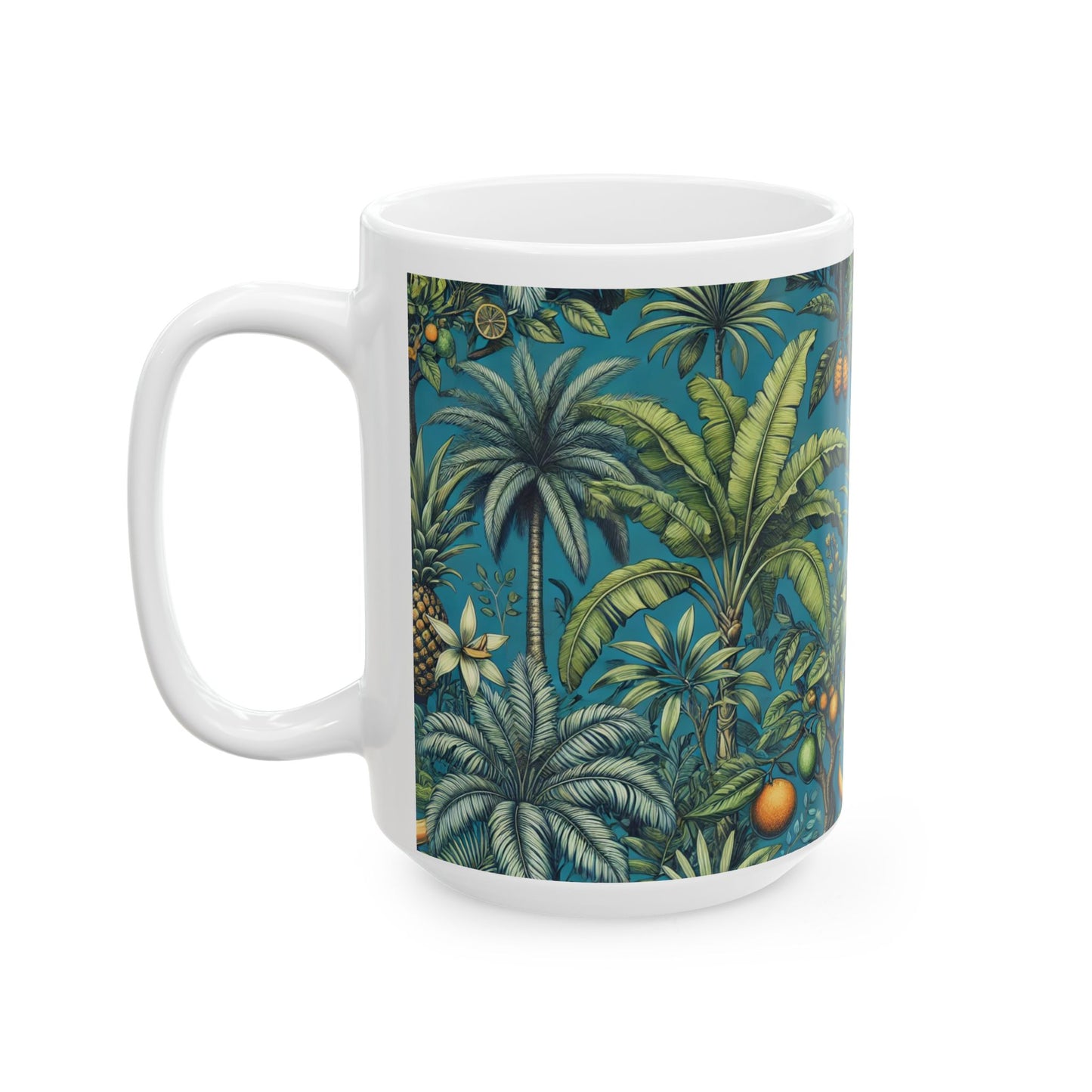 Ceramic White Mug - 11oz & 15oz, Tropical Fruit Blue