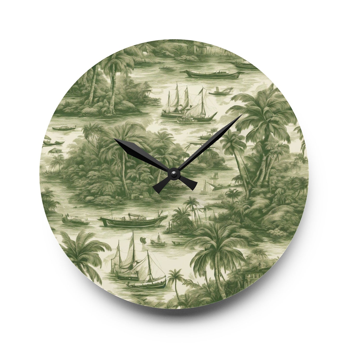 Acrylic Wall Clock, Tropical Toile #1, Green, Various Sizes