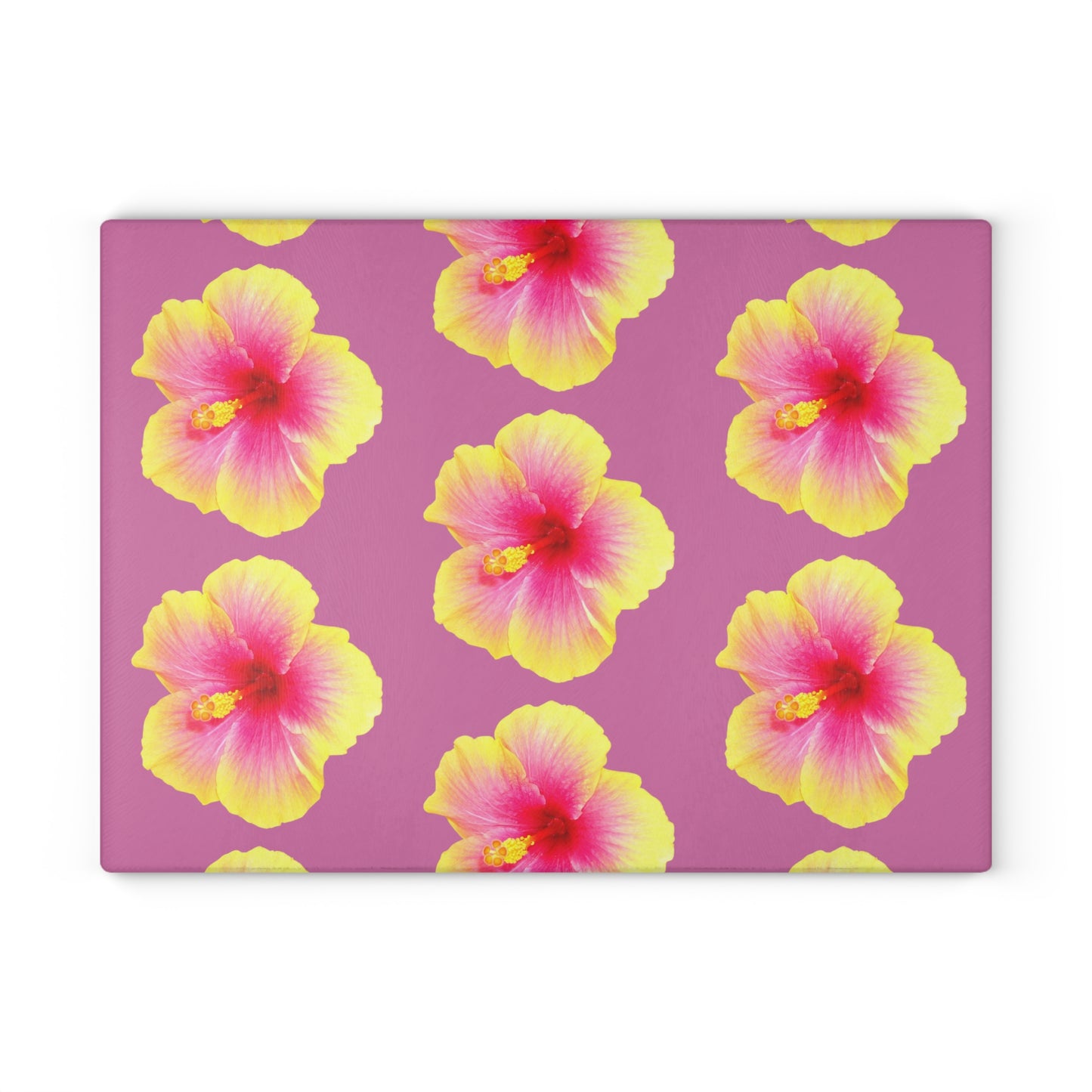 Glass Cutting Board, 2 sizes - Real Yellow & Pink Hibiscus/Lt. Pink