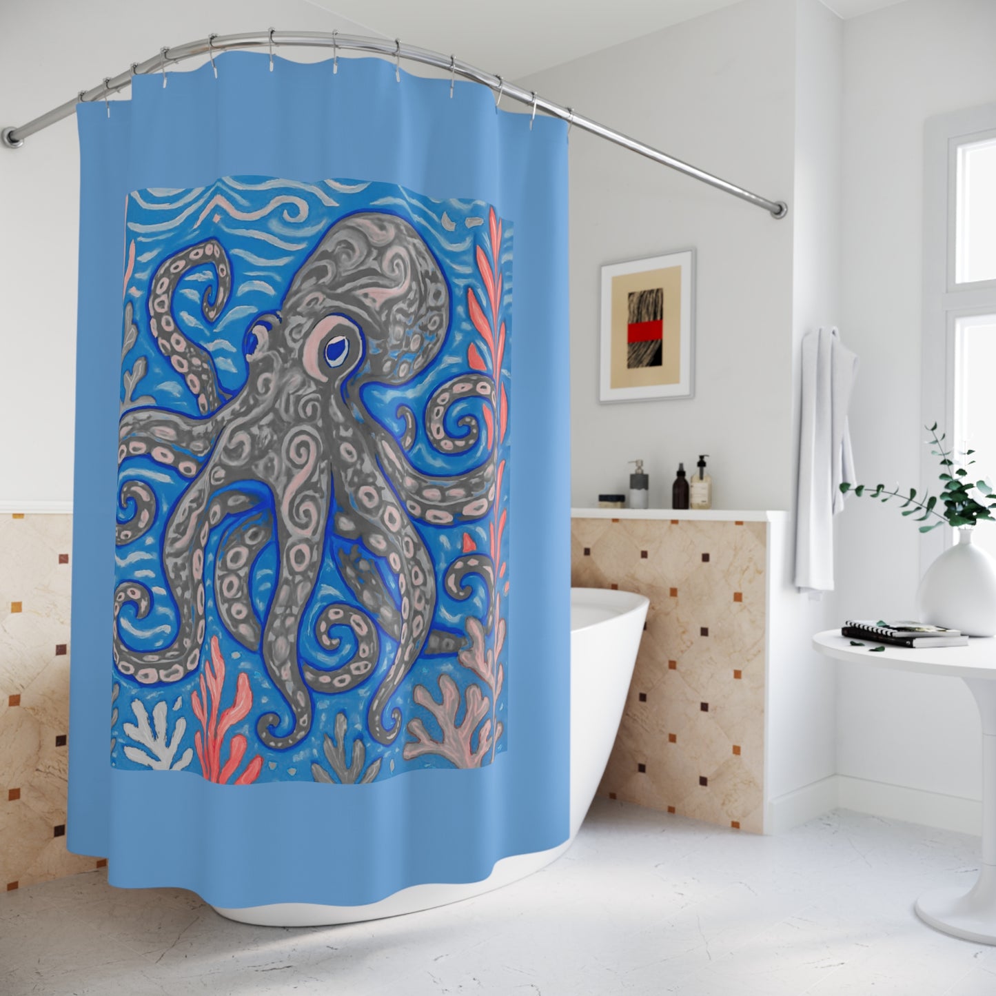 Tropical Shower Curtain - Rainforest Bathroom Decor / Kraken Joe Slate/Lt. Blue