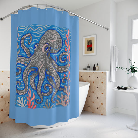 Tropical Shower Curtain - Rainforest Bathroom Decor / Kraken Joe Slate/Lt. Blue