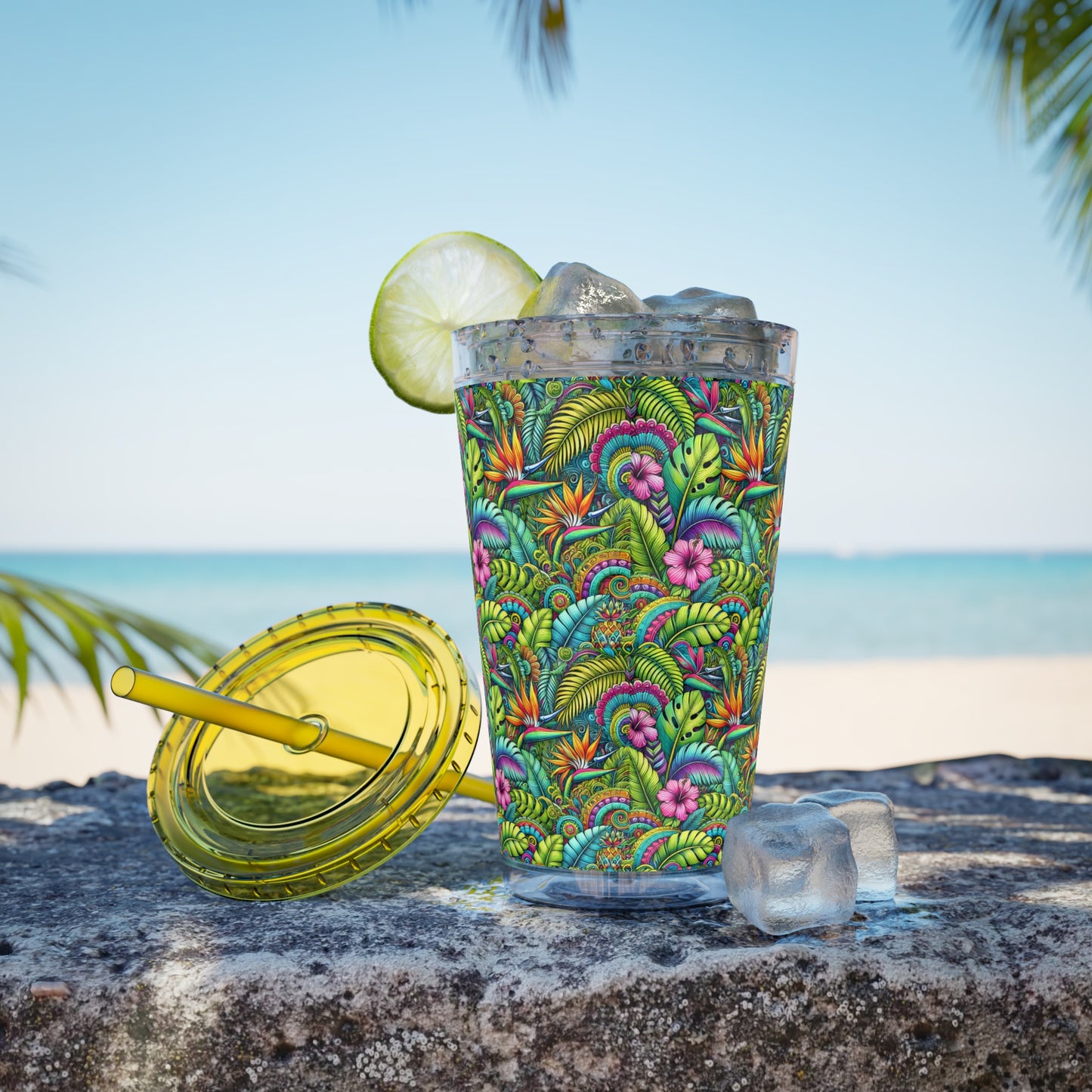 Tropical Tumbler with Straw | 16oz Colorful Travel Cup / Rainforest Blooms