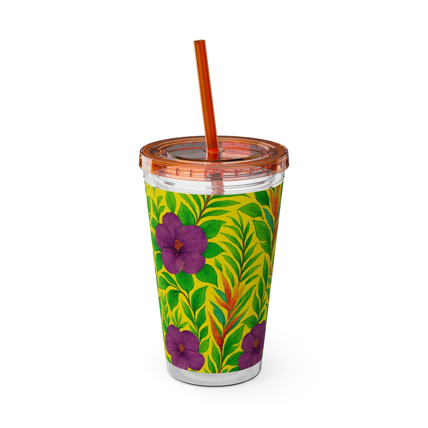 Tropical Tumbler with Straw | 16oz Colorful Travel Cup / Midnight Flower Yellow