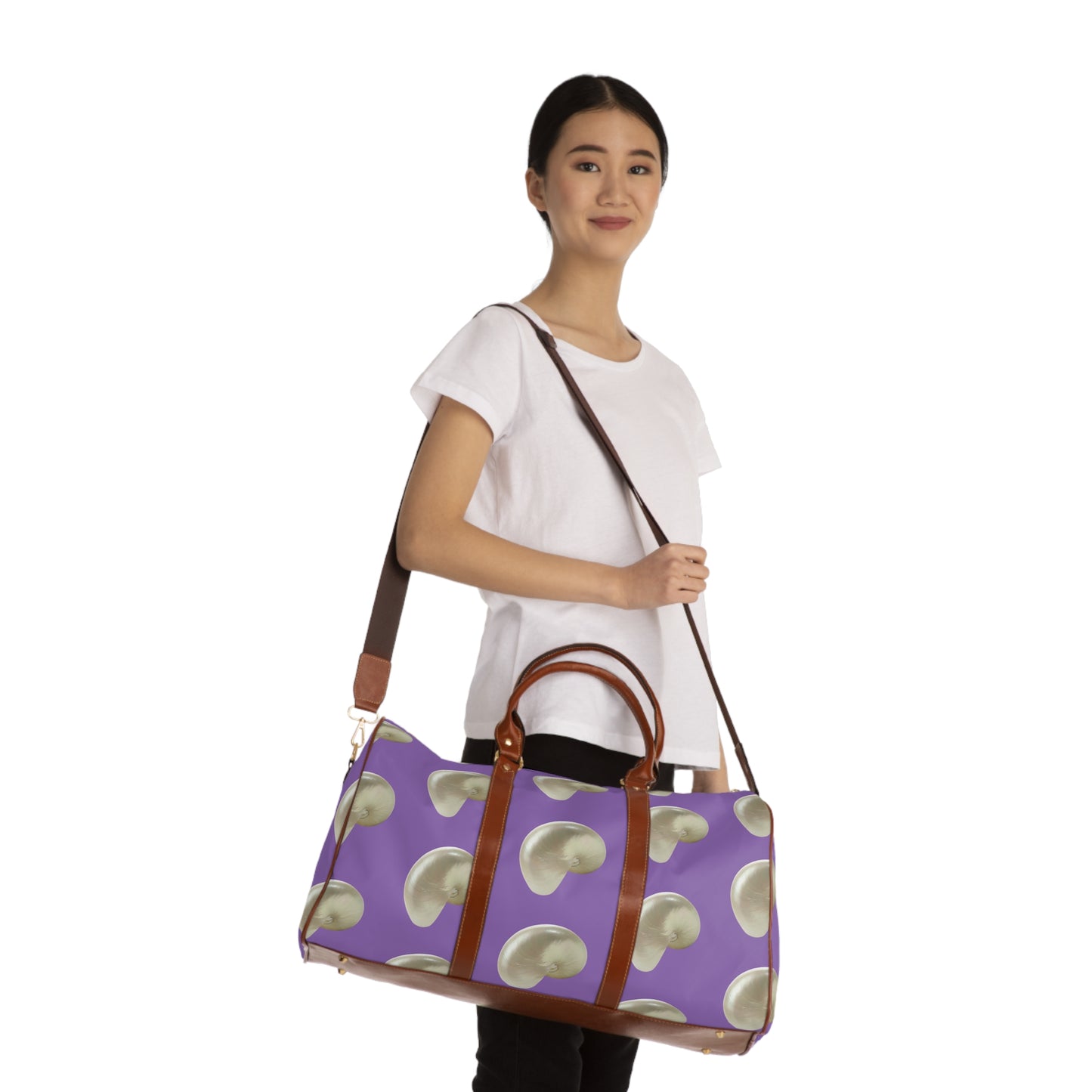 Tropical Waterproof Travel Bag - Perfect for Beach Getaways / Real White Nautilus Shells, Lt. Purple