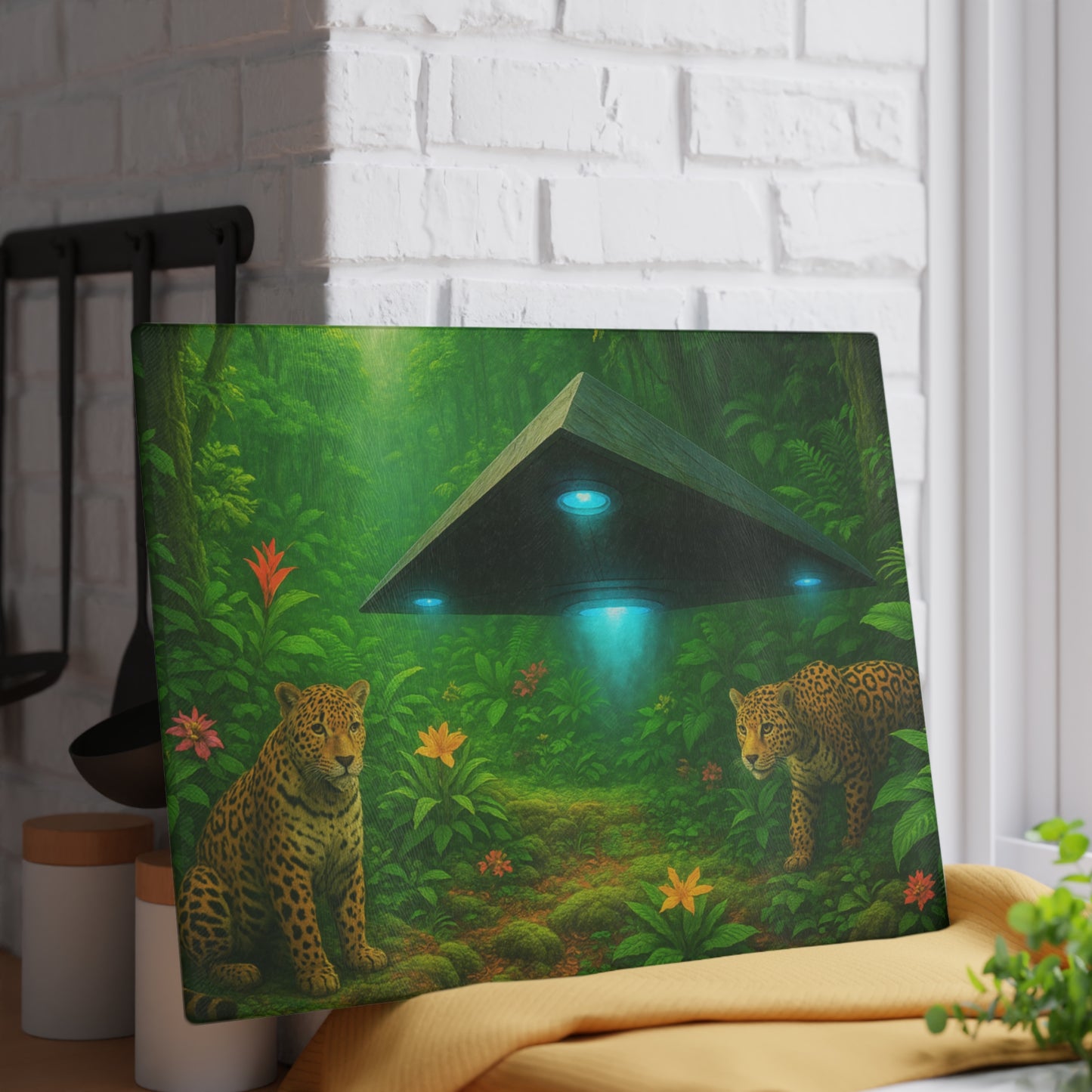 Glass Cutting Board, 2 sizes - Rainforest UFO and Jaguars