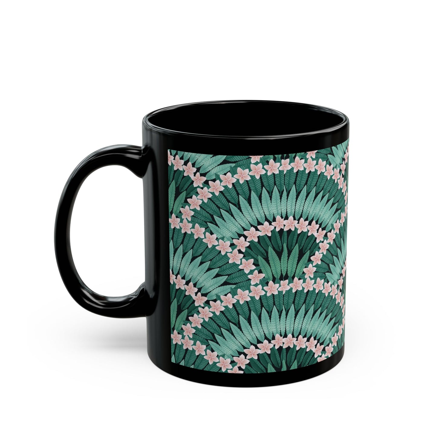 Black Mug (11oz, 15oz), Plumeria and Palms, Evergreen