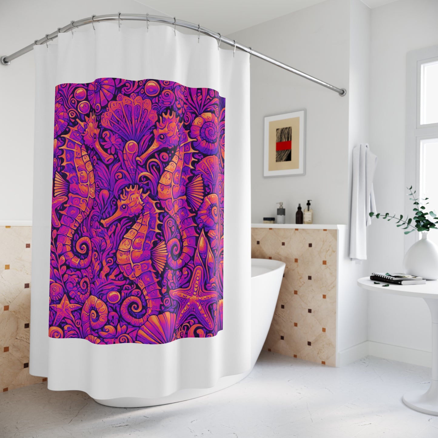 Tropical Shower Curtain - Ocean Bathroom Decor / Seahorse Trio Heatwave/White