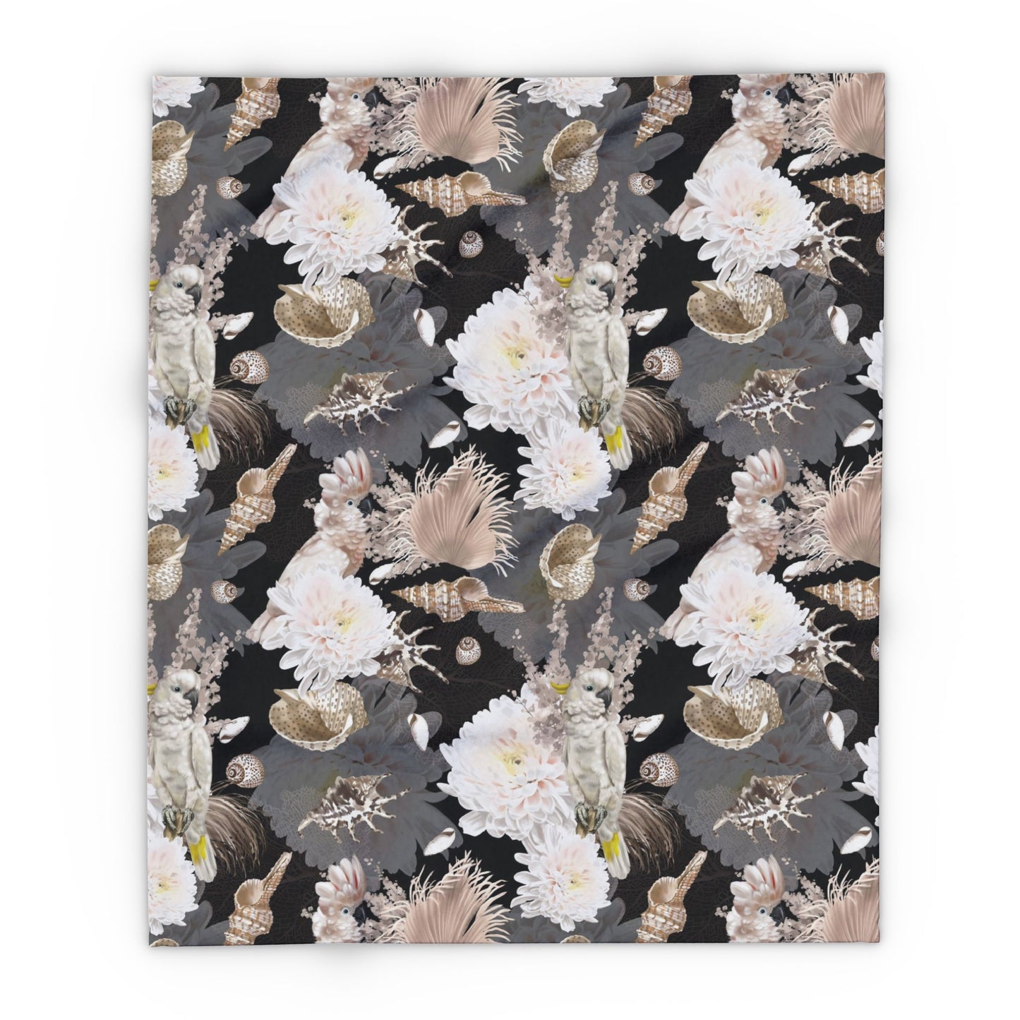 Parrots, Flowers and Seashells Fleece Blanket - Neutrals Tropical Design