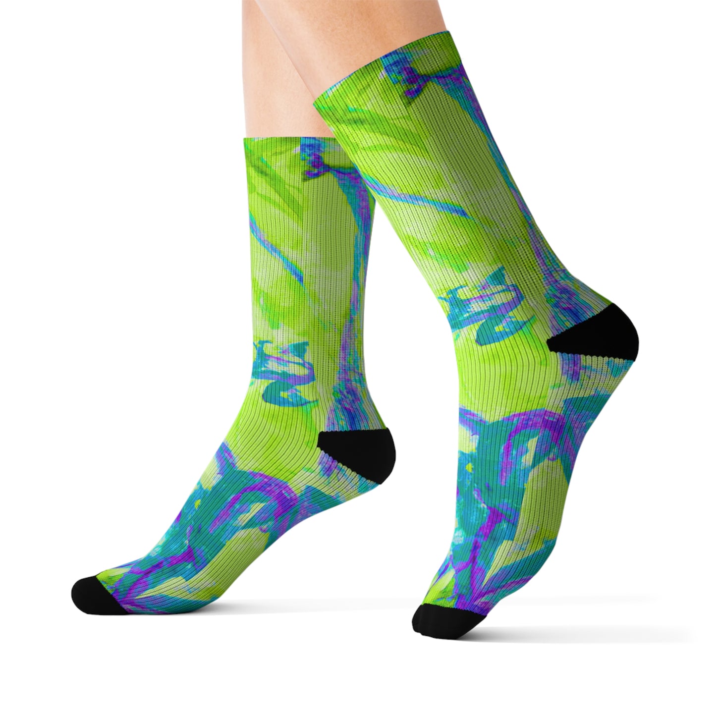 Lime Tropical Doodles Sublimation Fleece-Lined Socks - Colorful Palm Tree/Flower Design